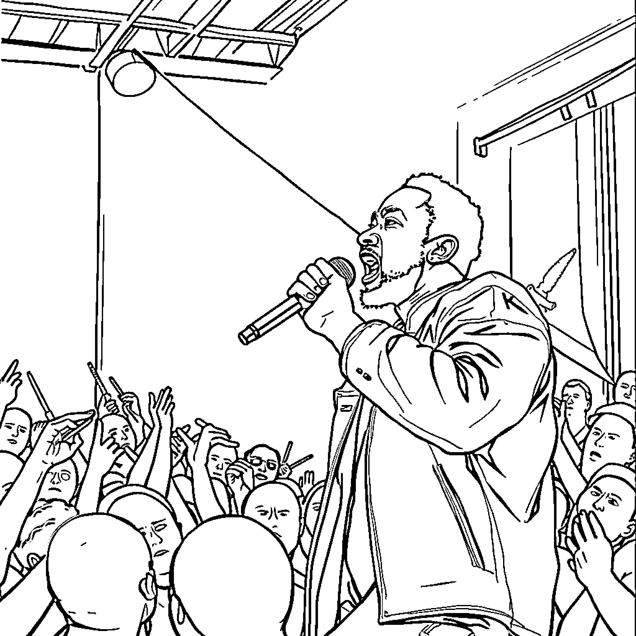 Kendrick Lamar performing on stage with a crowd Coloring Page (free black-and-white line drawing printable PDF for all, from beginners to advanced learners, including children, teens, adults, and seniors)