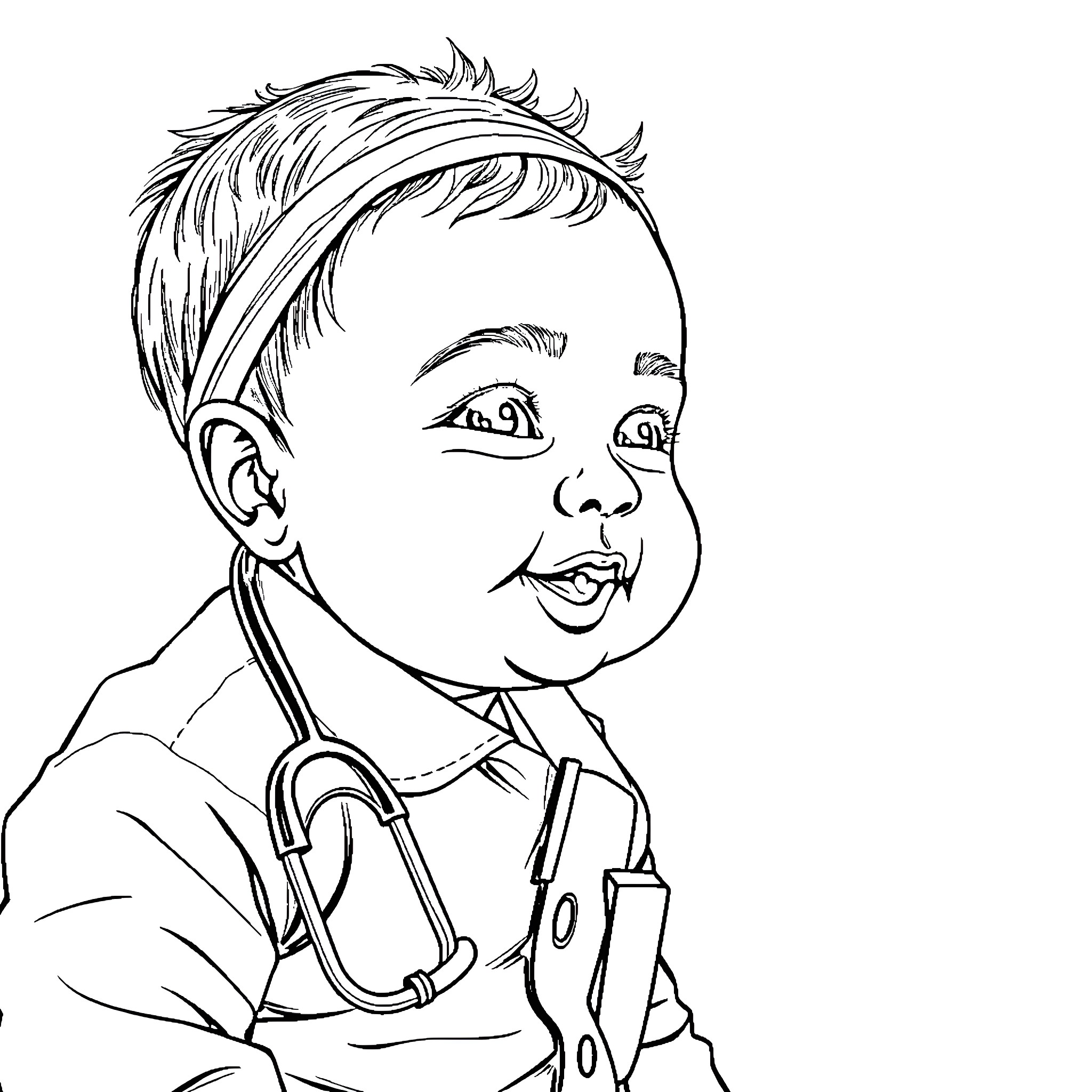 Baby doctor examining with stethoscope Coloring Page (free black-and-white line drawing printable PDF for all, from beginners to advanced learners, including children, teens, adults, and seniors)