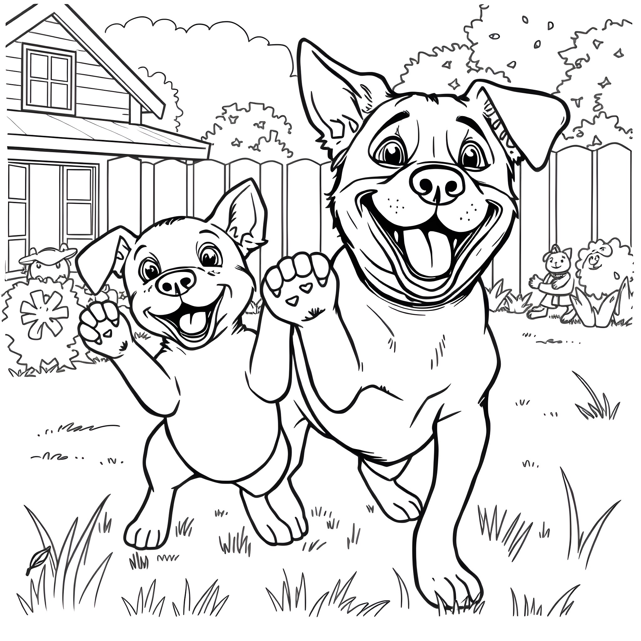 Dogs playing happily in the backyard Coloring Page (free black-and-white line drawing printable PDF for all, from beginners to advanced learners, including children, teens, adults, and seniors)