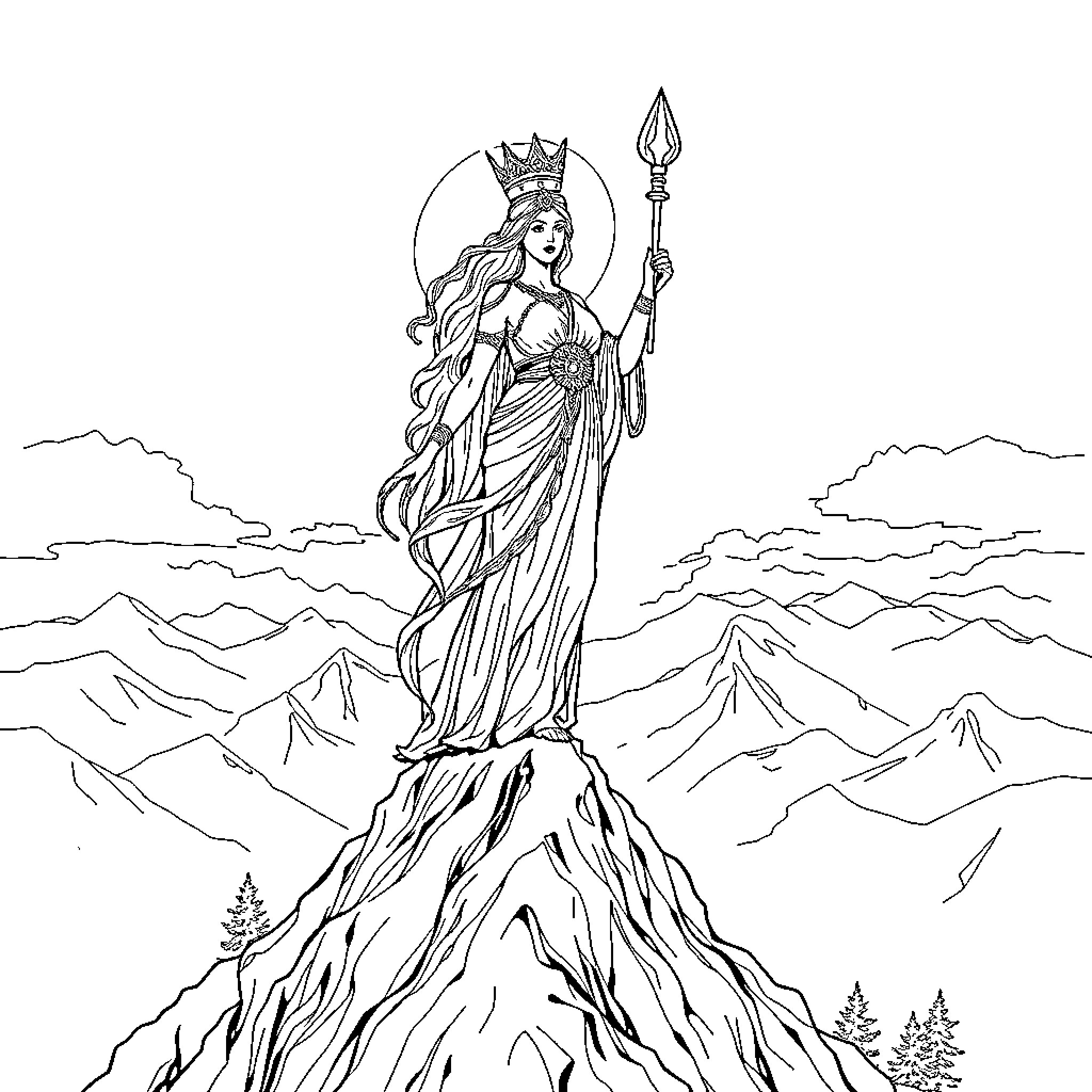 Danica, the Mythical Warrior Queen on the Mountain Coloring Page (free black-and-white line drawing printable PDF for all, from beginners to advanced learners, including children, teens, adults, and seniors)