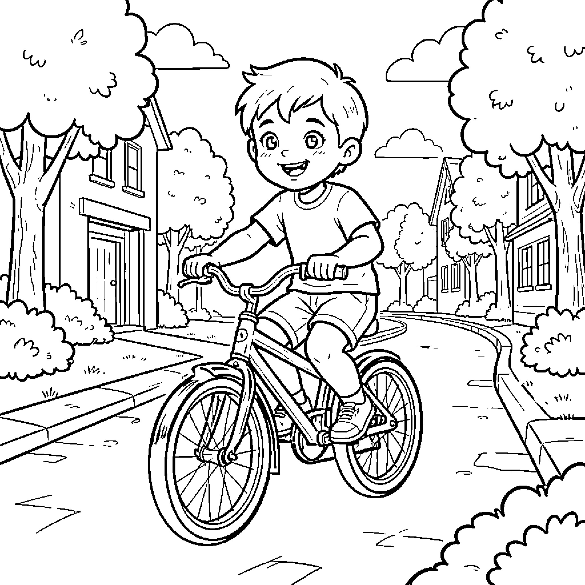 Kid riding his bike down the neighborhood street Coloring Page (free black-and-white line drawing printable PDF for all, from beginners to advanced learners, including children, teens, adults, and seniors)