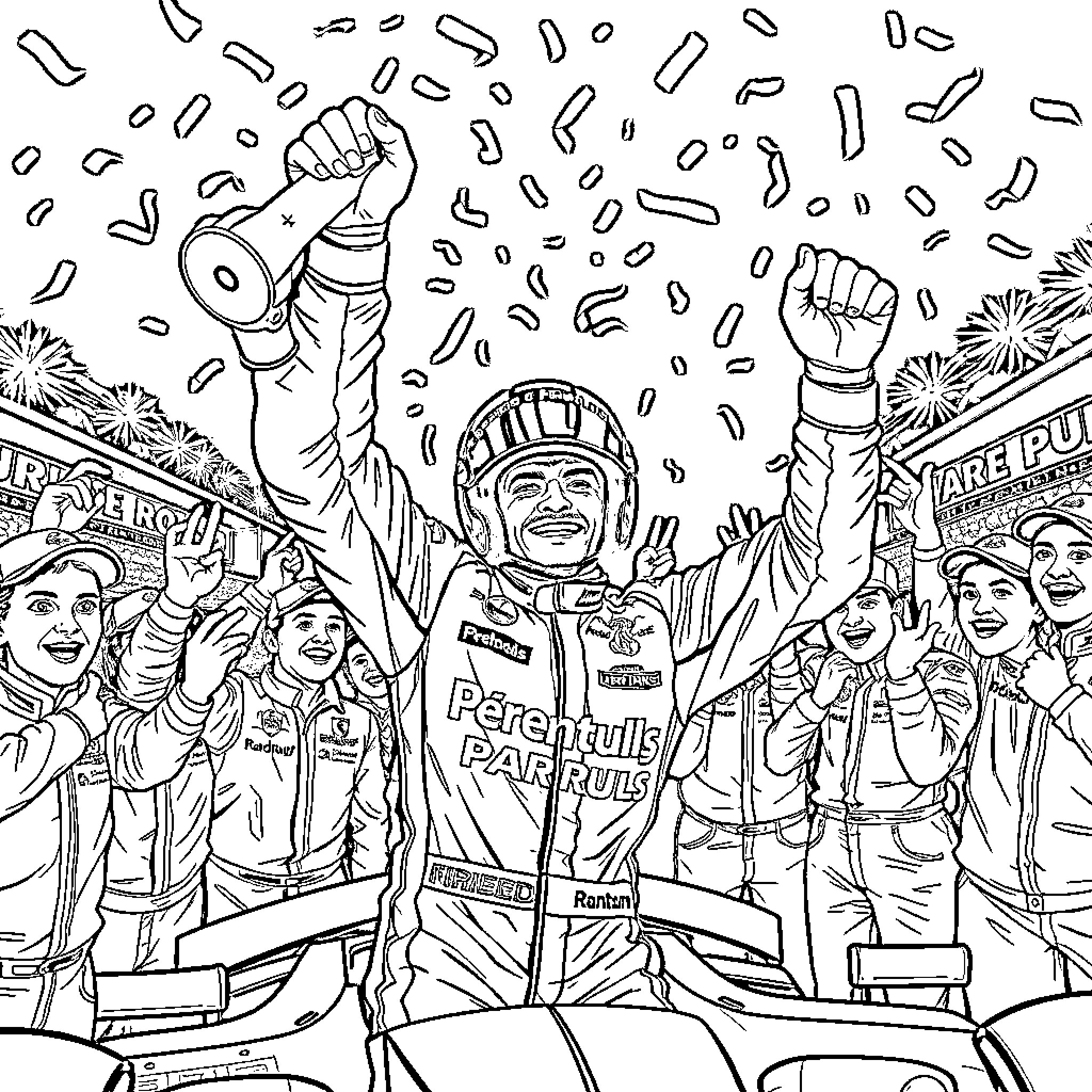 Lando Norris Celebrating Race Victory with Team Coloring Page (free black-and-white line drawing printable PDF for all, from beginners to advanced learners, including children, teens, adults, and seniors)