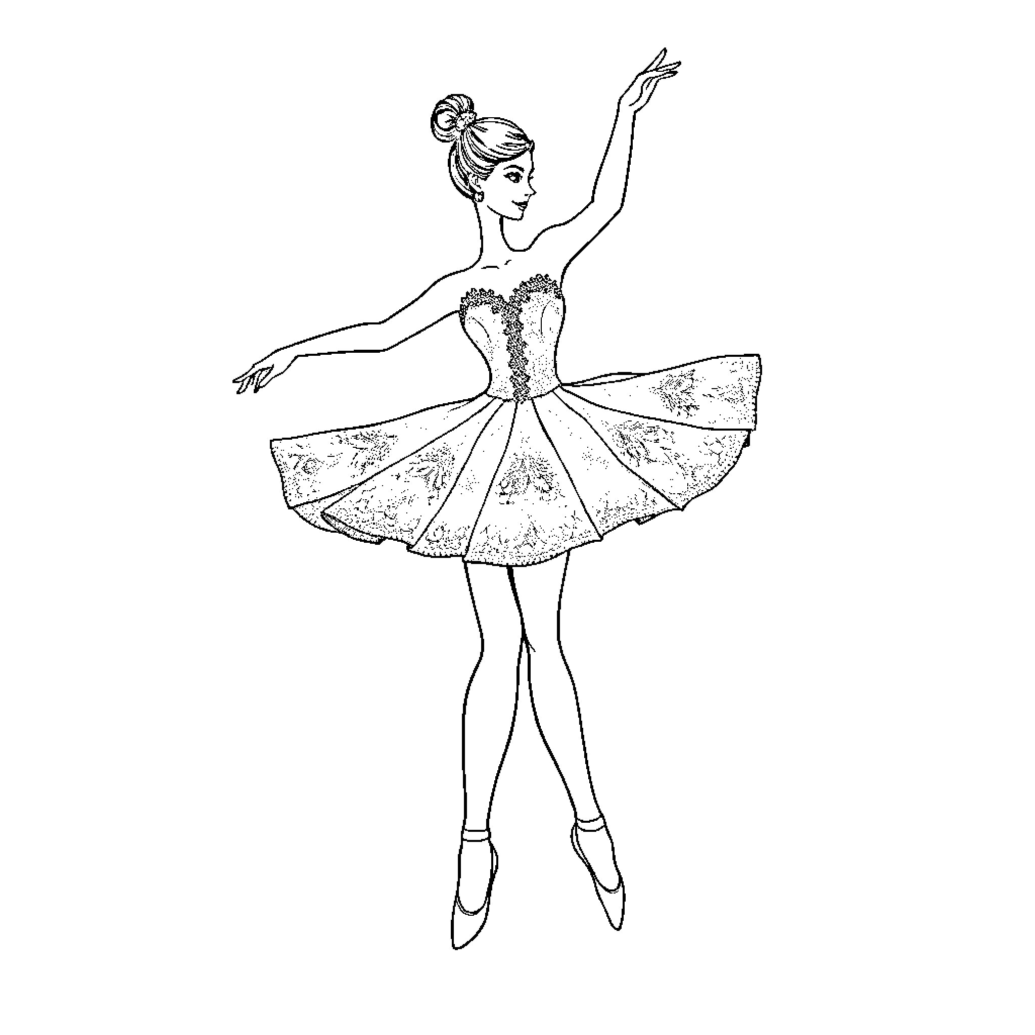 Danseuse performing graceful ballet dance Coloring Page (free black-and-white line drawing printable PDF for all, from beginners to advanced learners, including children, teens, adults, and seniors)