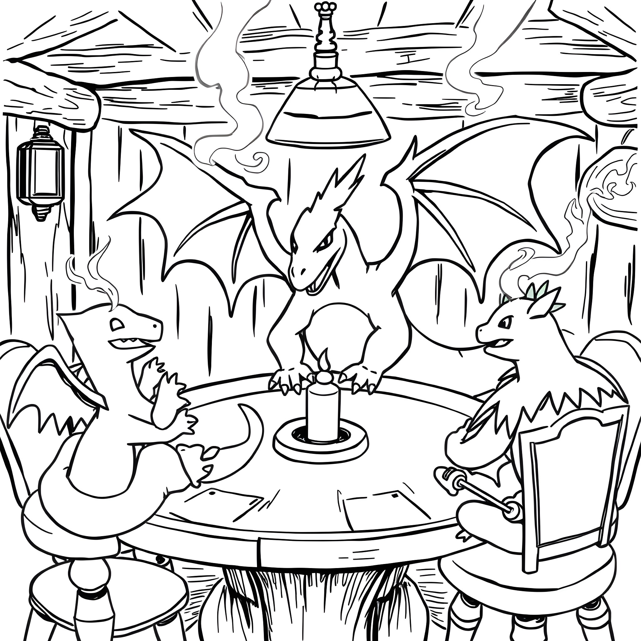 Charizard surrounded by other dragons in a mysterious lair Coloring Page (free black-and-white line drawing printable PDF for all, from beginners to advanced learners, including children, teens, adults, and seniors)