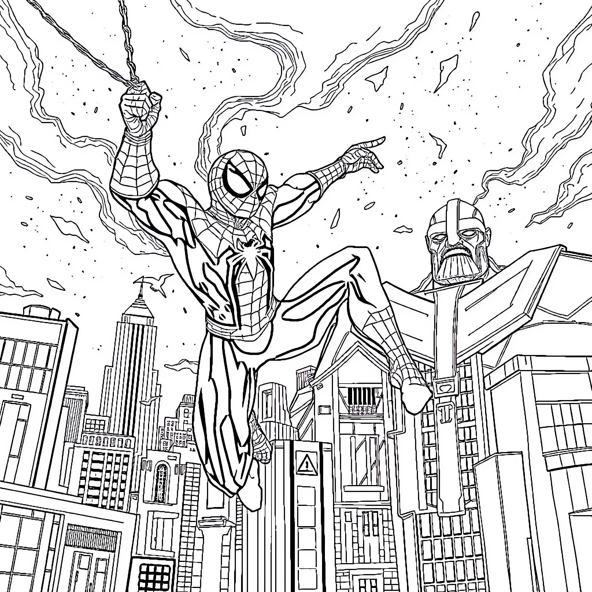 Spiderman swinging through the city with Thanos Coloring Page (free black-and-white line drawing printable PDF for all, from beginners to advanced learners, including children, teens, adults, and seniors)