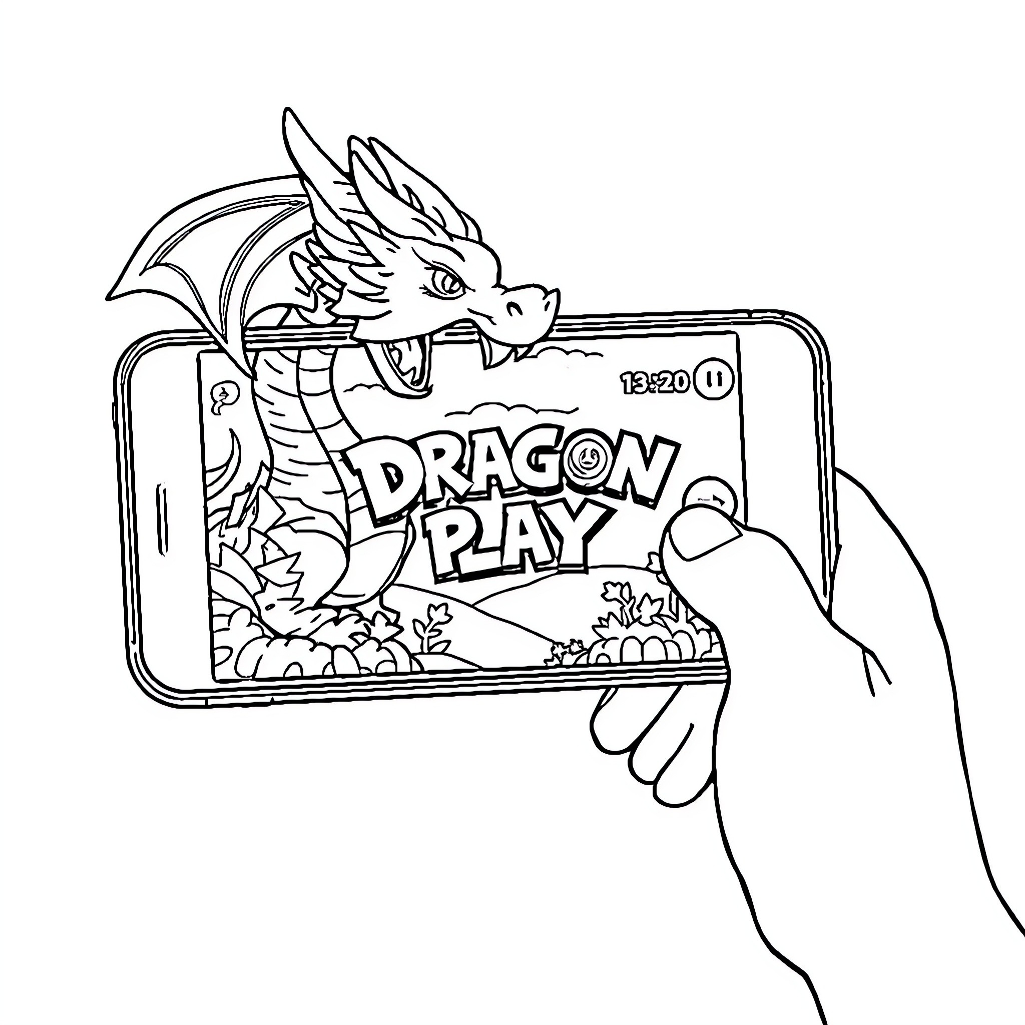 Dragon displayed on mobile device screen Coloring Page (free black-and-white line drawing printable PDF for all, from beginners to advanced learners, including children, teens, adults, and seniors)