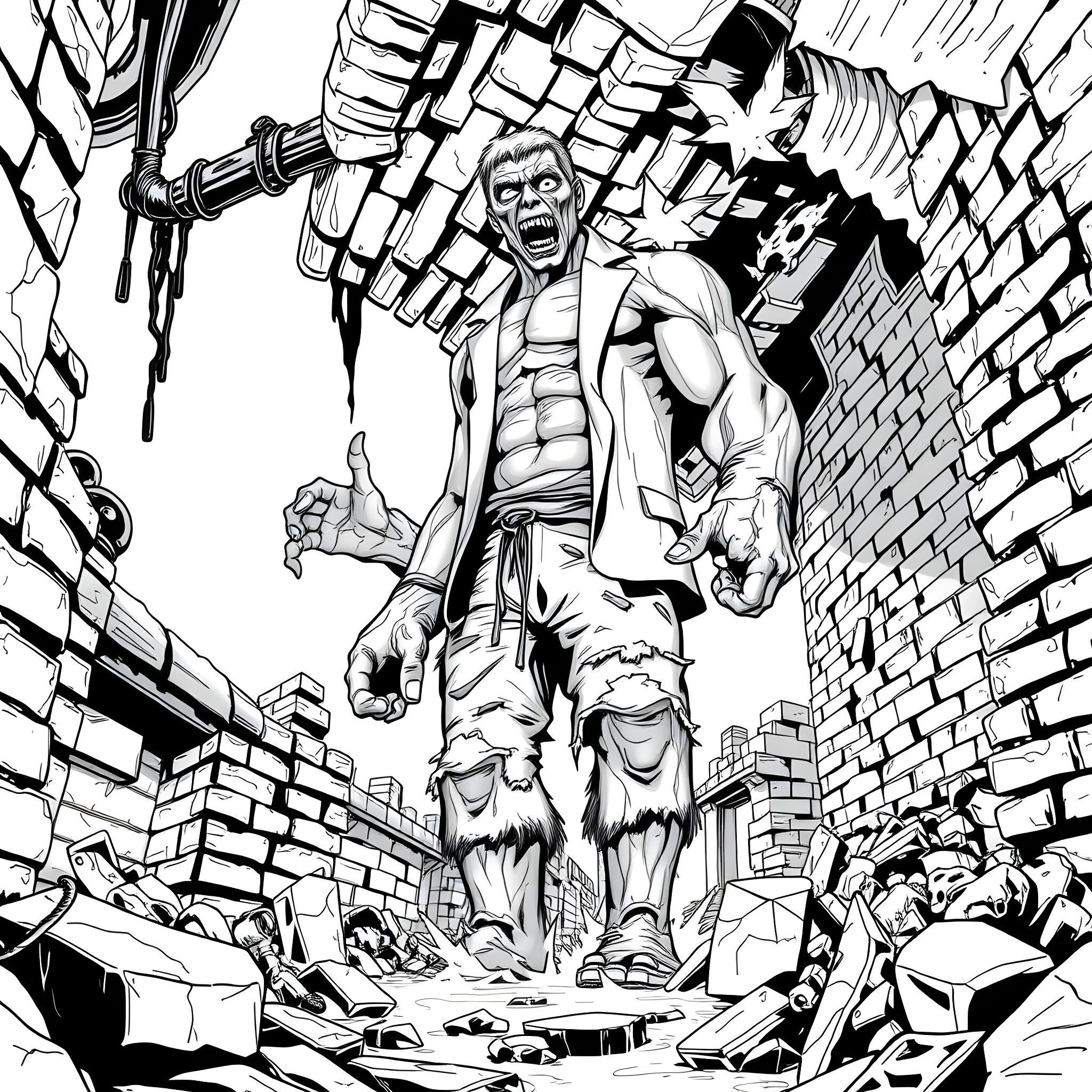 Zombie Hulk Rampaging Through Destroyed City Coloring Page (free black-and-white line drawing printable PDF for all, from beginners to advanced learners, including children, teens, adults, and seniors)