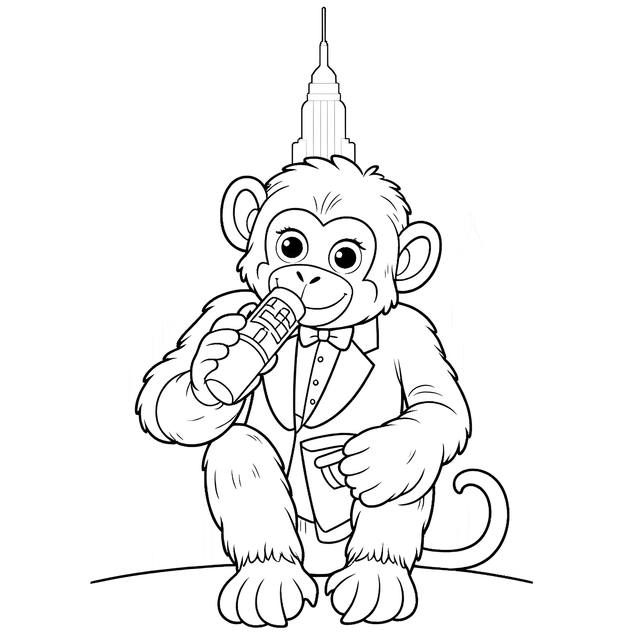 Monkey posing with microphone in front of cityscape Coloring Page (free black-and-white line drawing printable PDF for all, from beginners to advanced learners, including children, teens, adults, and seniors)