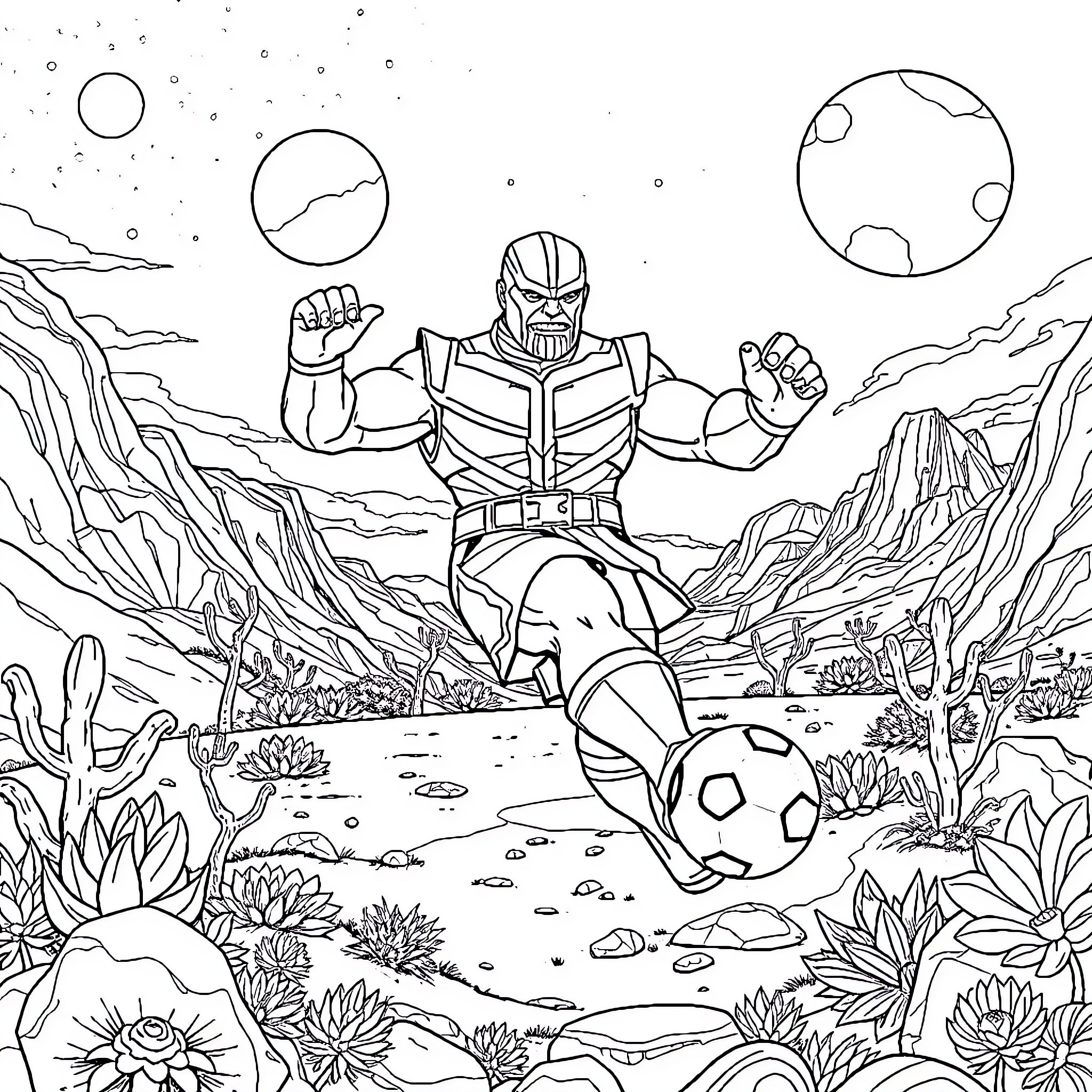 Thanos Playing Football in an Alien Landscape Coloring Page (free black-and-white line drawing printable PDF for all, from beginners to advanced learners, including children, teens, adults, and seniors)