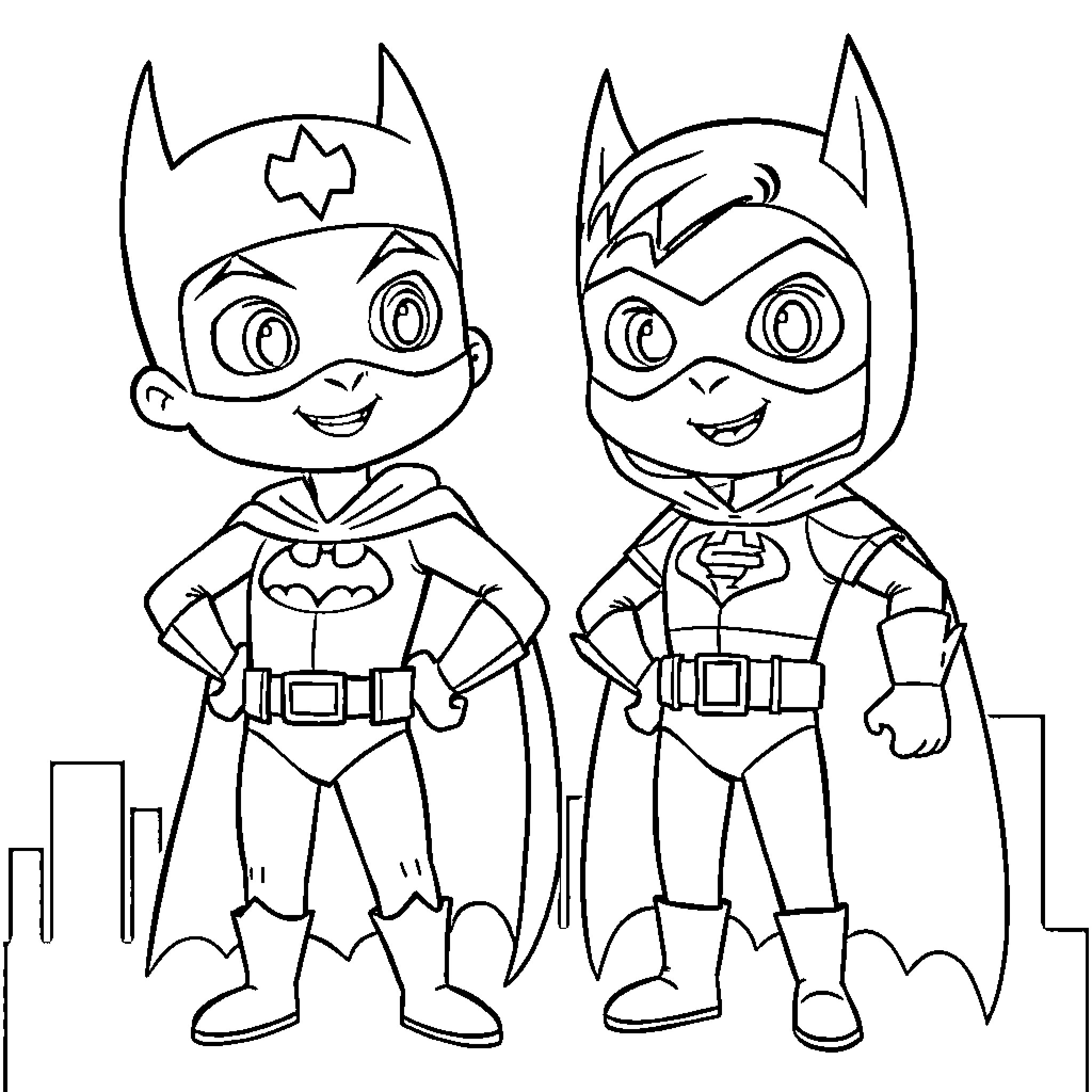 Bluey Superheroes in Action Coloring Page (free black-and-white line drawing printable PDF for all, from beginners to advanced learners, including children, teens, adults, and seniors)