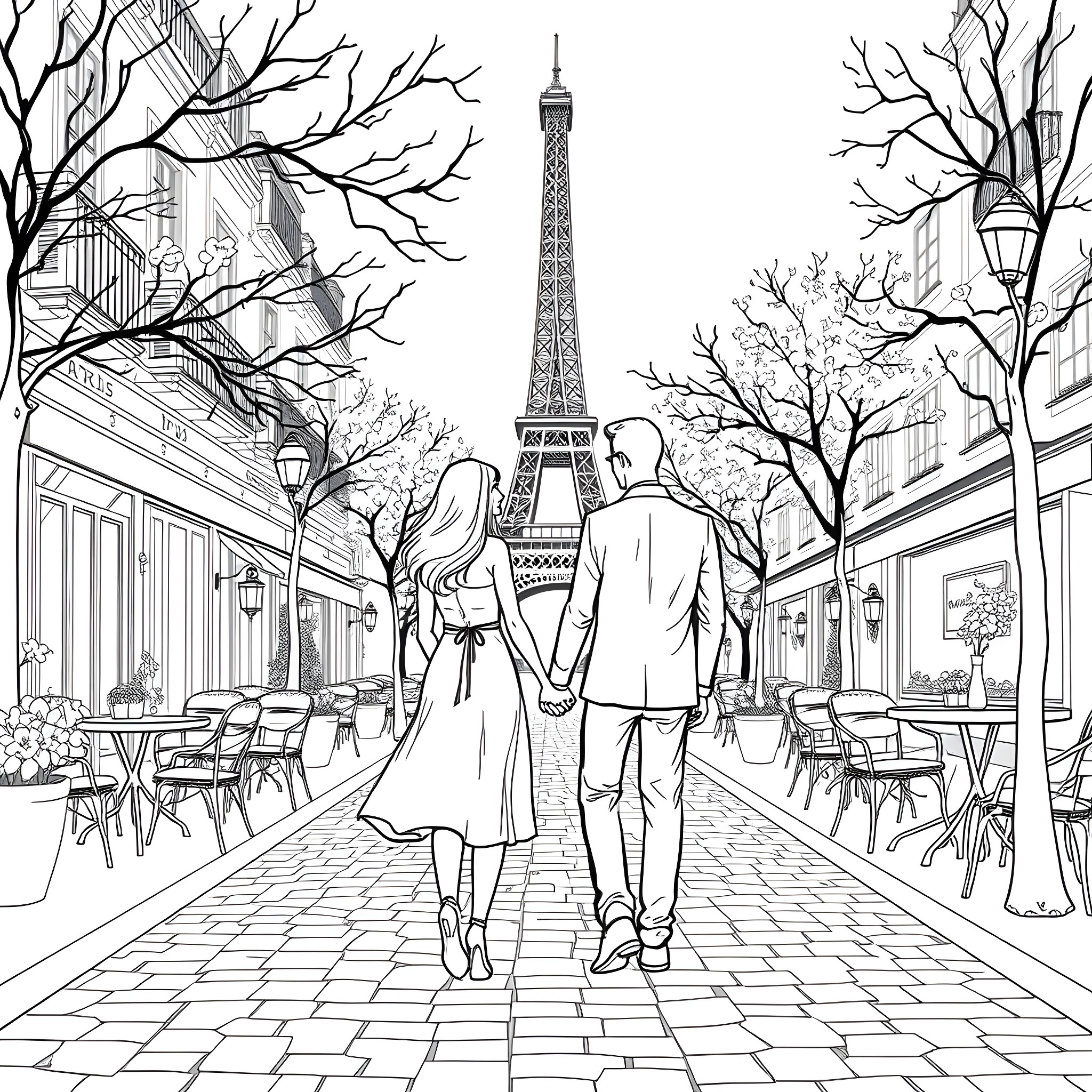 Romance under the Eiffel Tower in Paris Coloring Page (free black-and-white line drawing printable PDF for all, from beginners to advanced learners, including children, teens, adults, and seniors)