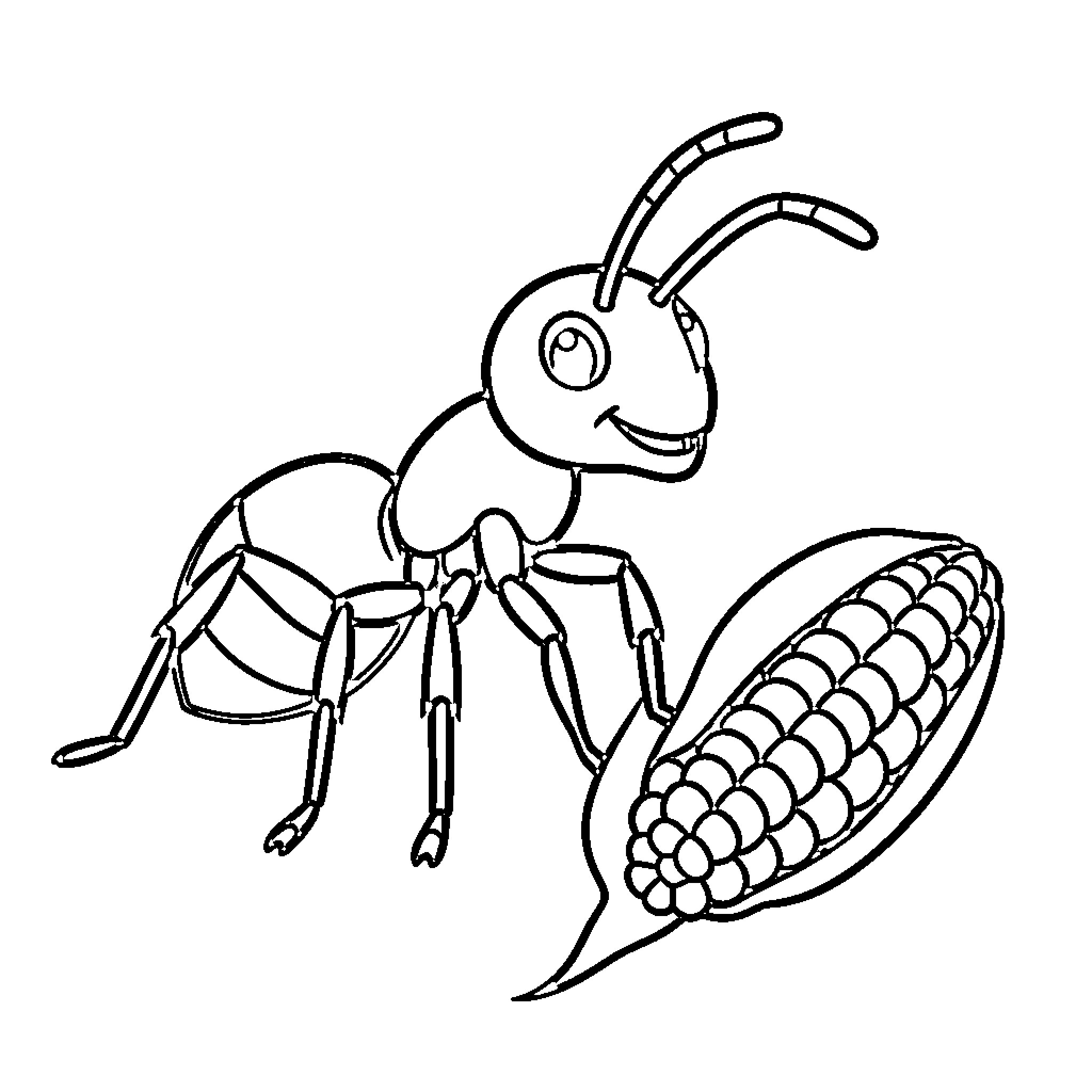Ant carrying a large piece of corn Coloring Page (free black-and-white line drawing printable PDF for all, from beginners to advanced learners, including children, teens, adults, and seniors)