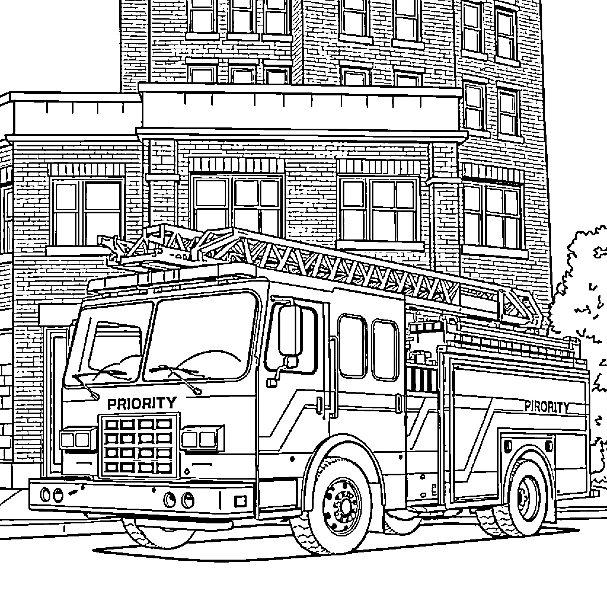Fire Truck responding to an emergency call Coloring Page (free black-and-white line drawing printable PDF for all, from beginners to advanced learners, including children, teens, adults, and seniors)
