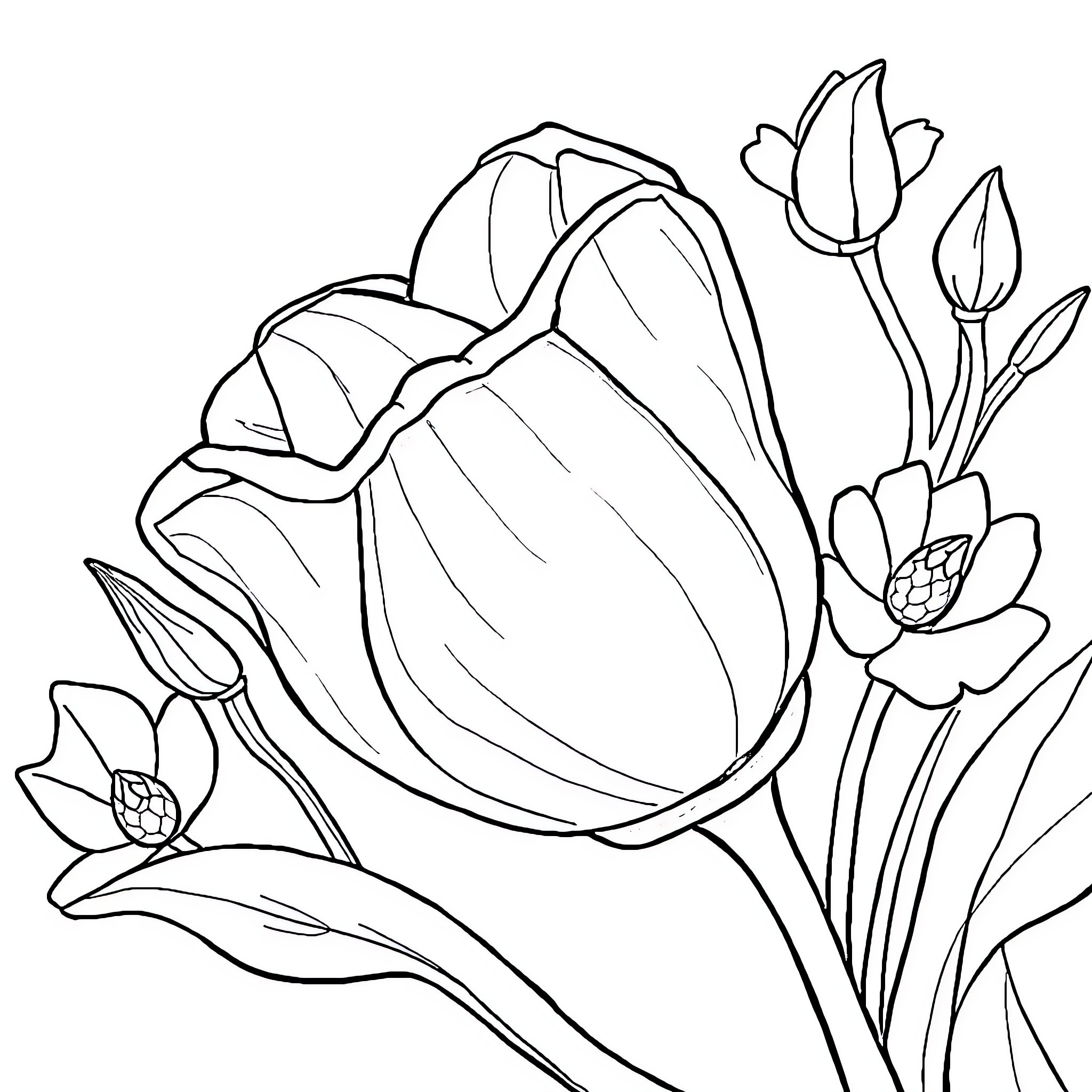 Blue Tulips Blooming Gracefully Coloring Page (free black-and-white line drawing printable PDF for all, from beginners to advanced learners, including children, teens, adults, and seniors)