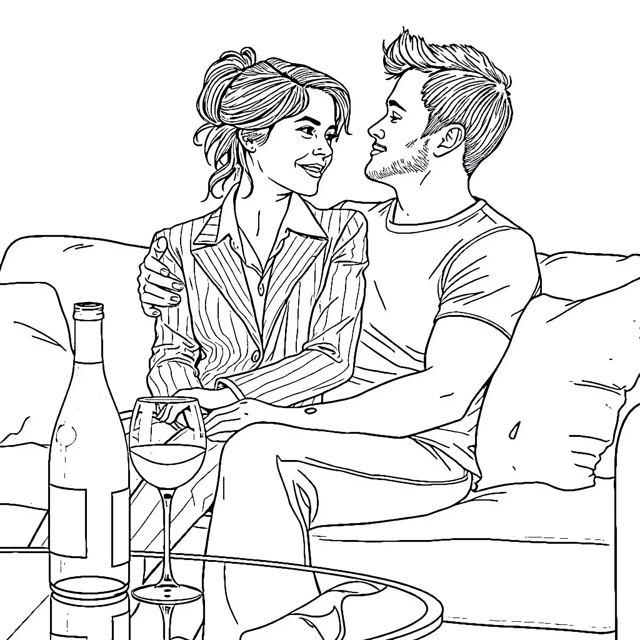 Couple enjoying intimate moment together Coloring Page (free black-and-white line drawing printable PDF for all, from beginners to advanced learners, including children, teens, adults, and seniors)