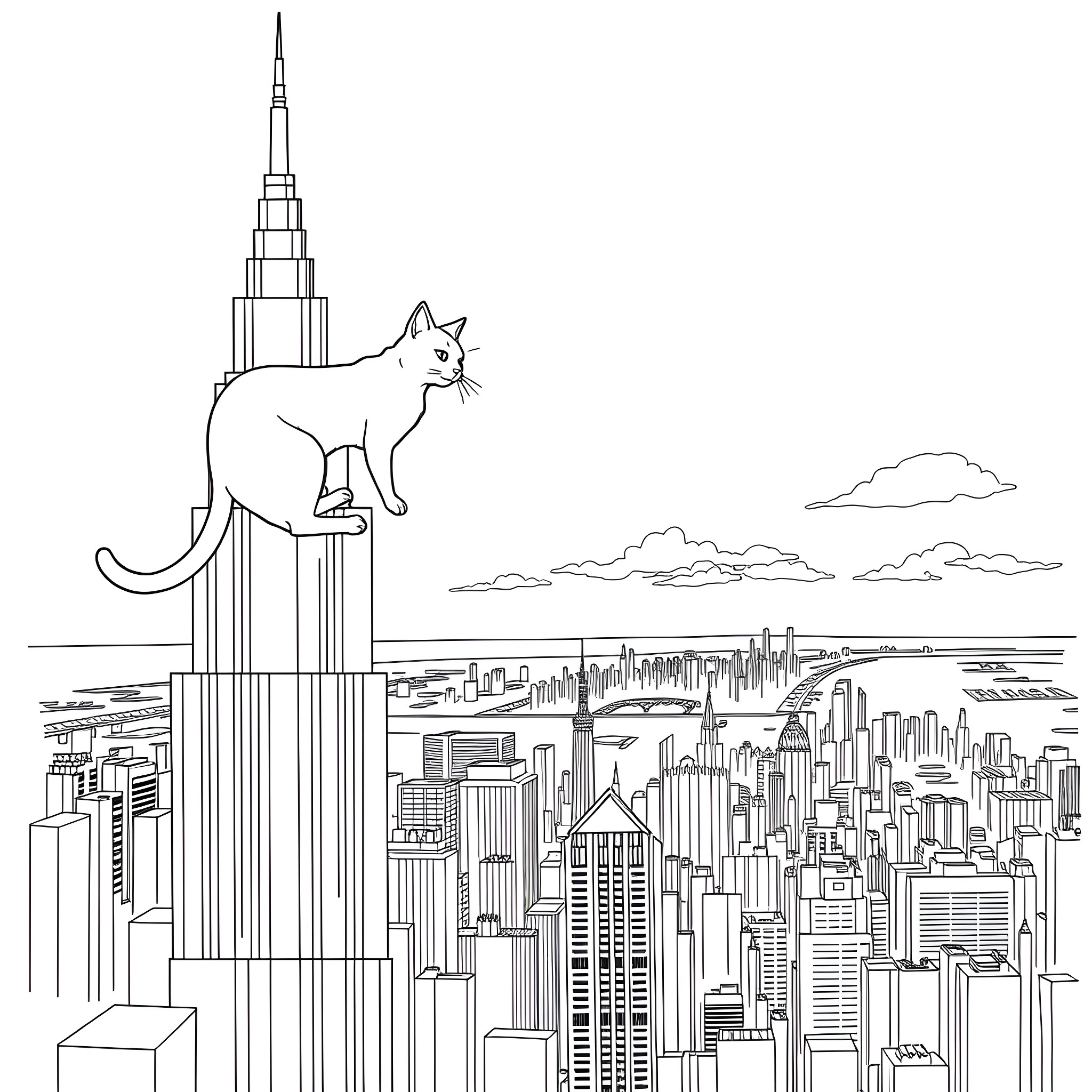 Cat on top of a skyscraper overlooking the city Coloring Page (free black-and-white line drawing printable PDF for all, from beginners to advanced learners, including children, teens, adults, and seniors)