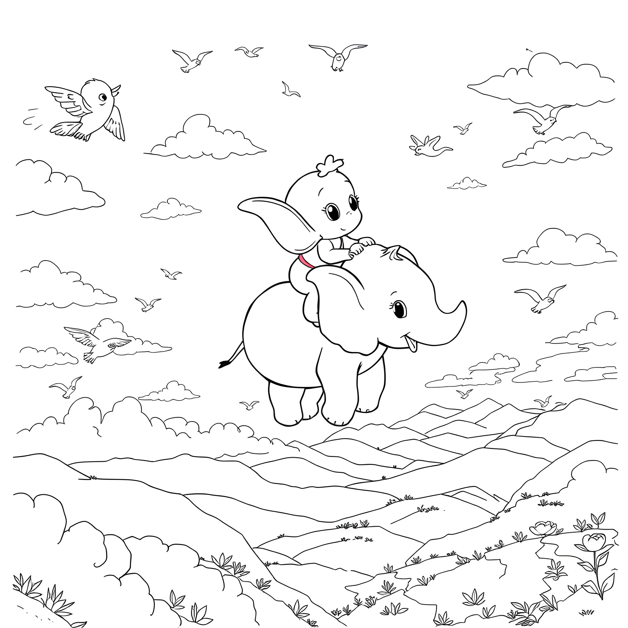 Bluey and Baby Elephant Playing in the Clouds Coloring Page (free black-and-white line drawing printable PDF for all, from beginners to advanced learners, including children, teens, adults, and seniors)