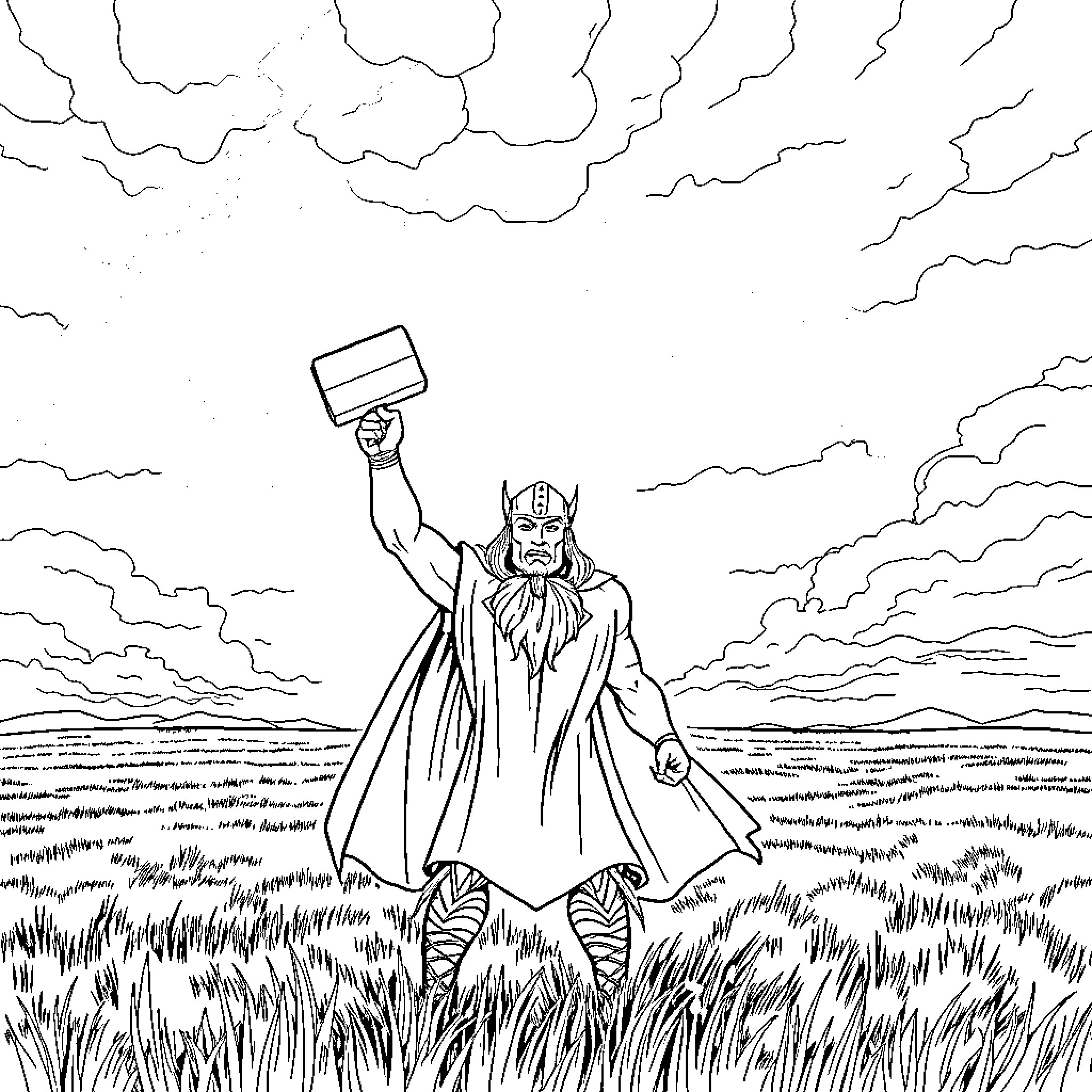 Thor wielding mighty hammer in an epic scene Coloring Page (free black-and-white line drawing printable PDF for all, from beginners to advanced learners, including children, teens, adults, and seniors)