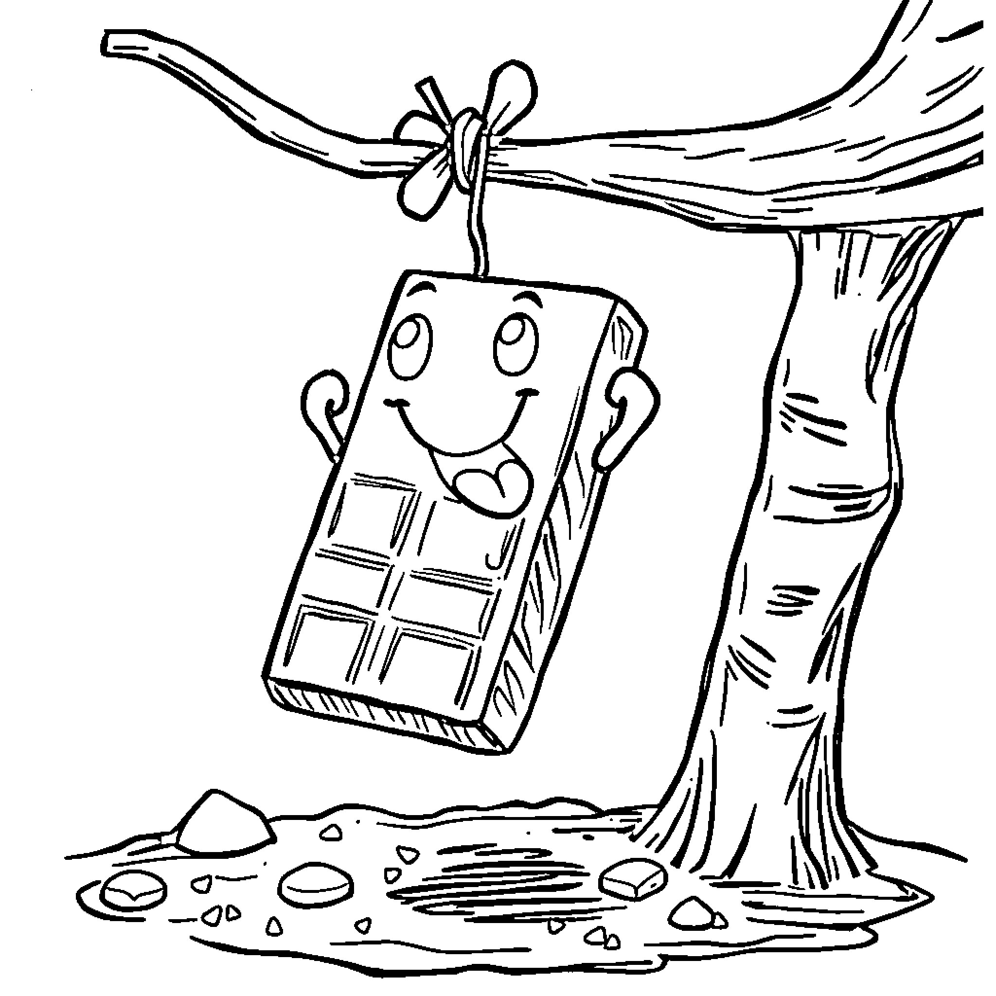 Chocolate Bar hanging from a tree Coloring Page (free black-and-white line drawing printable PDF for all, from beginners to advanced learners, including children, teens, adults, and seniors)