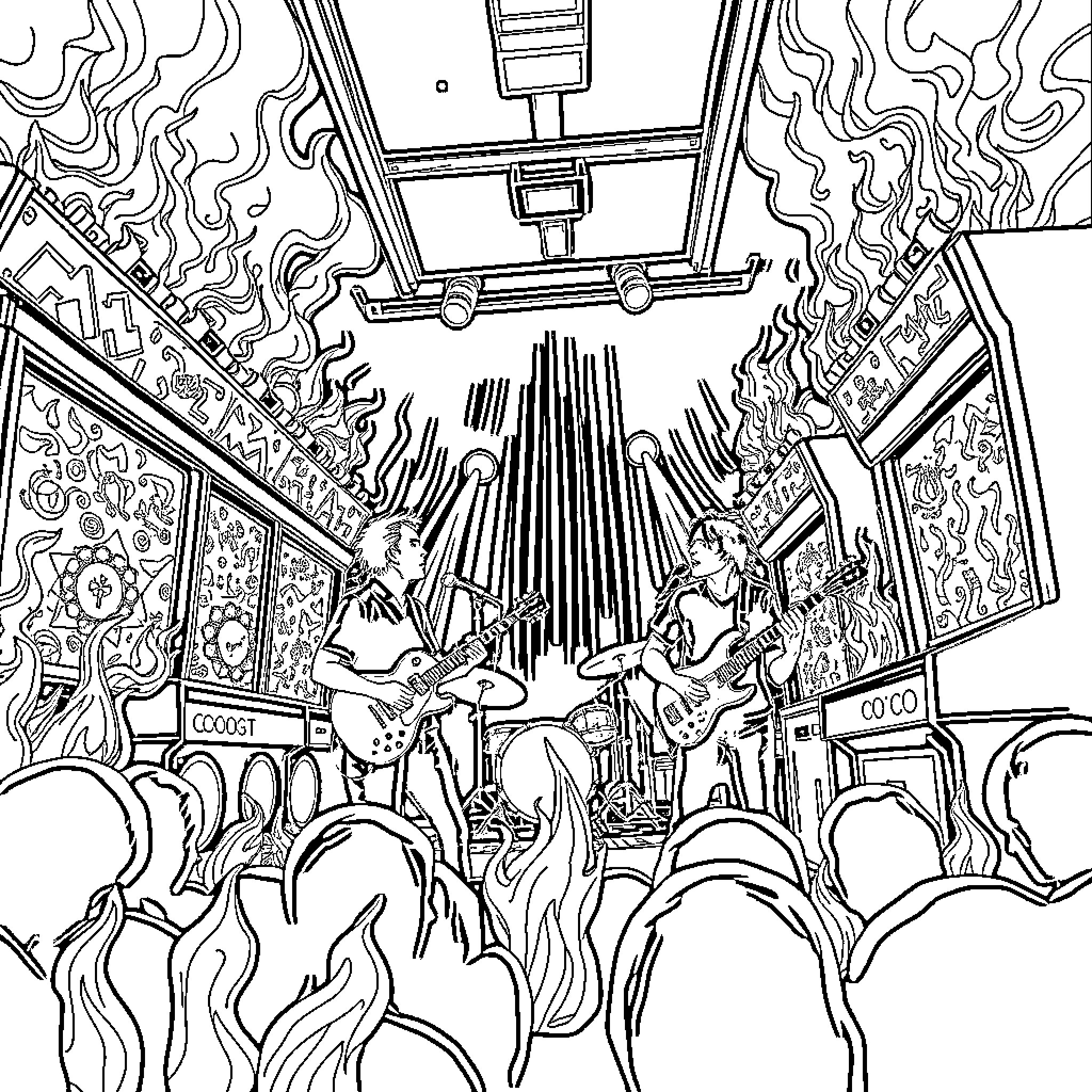 Arcade Fire's Electric Live Performance Coloring Page (free black-and-white line drawing printable PDF for all, from beginners to advanced learners, including children, teens, adults, and seniors)