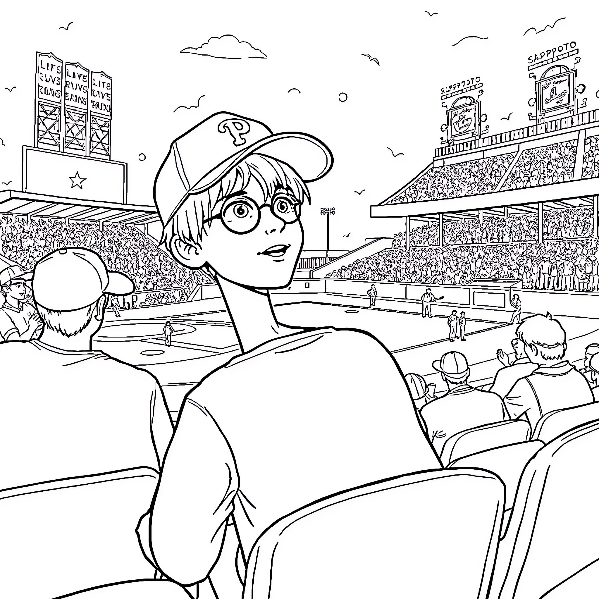 Hermione Granger Enjoys a Baseball Game at the Stadium Coloring Page (free black-and-white line drawing printable PDF for all, from beginners to advanced learners, including children, teens, adults, and seniors)