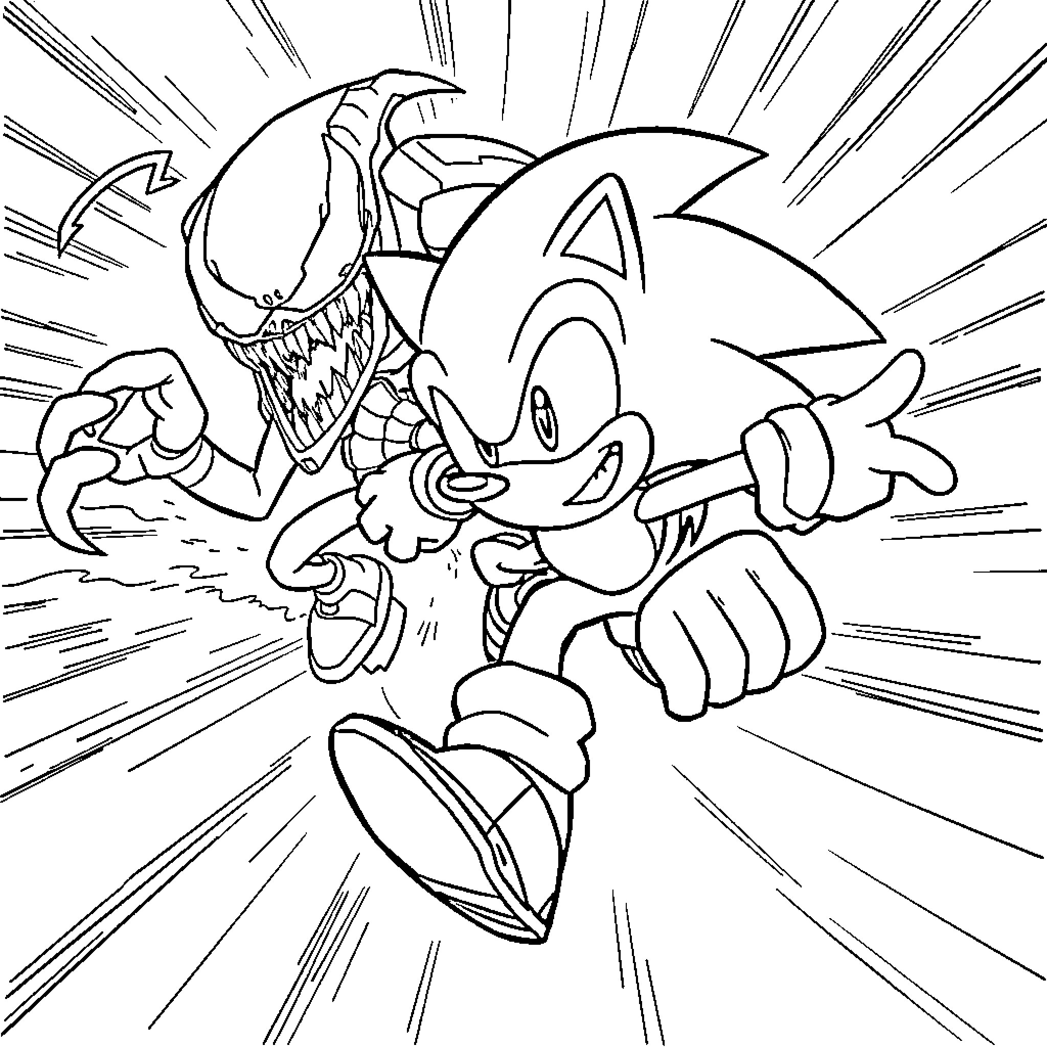 Sonic battling against a fierce enemy Coloring Page (free black-and-white line drawing printable PDF for all, from beginners to advanced learners, including children, teens, adults, and seniors)