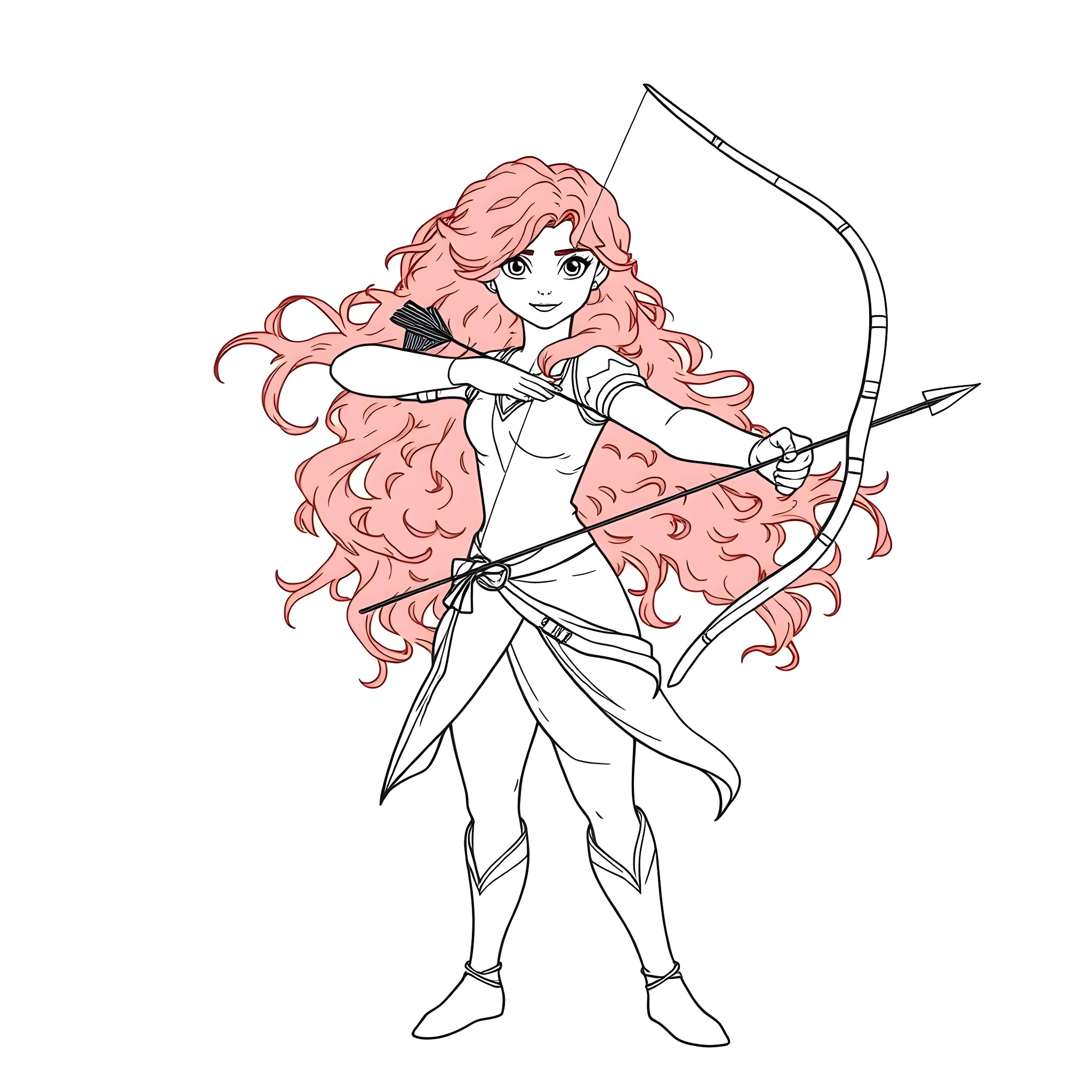 Merida aiming her bow with determination Coloring Page (free black-and-white line drawing printable PDF for all, from beginners to advanced learners, including children, teens, adults, and seniors)