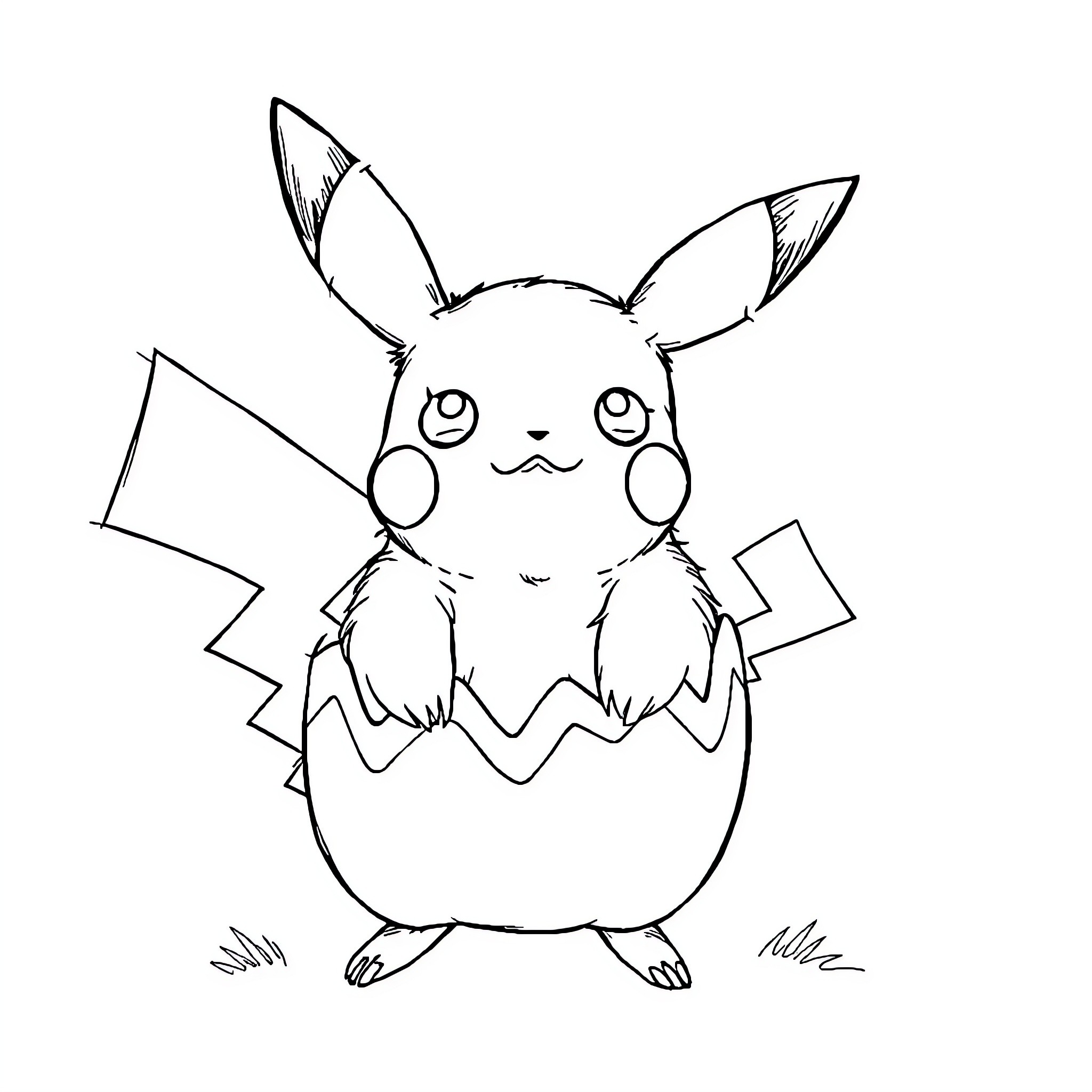 Pikachu emerging from a cracked egg Coloring Page (free black-and-white line drawing printable PDF for all, from beginners to advanced learners, including children, teens, adults, and seniors)