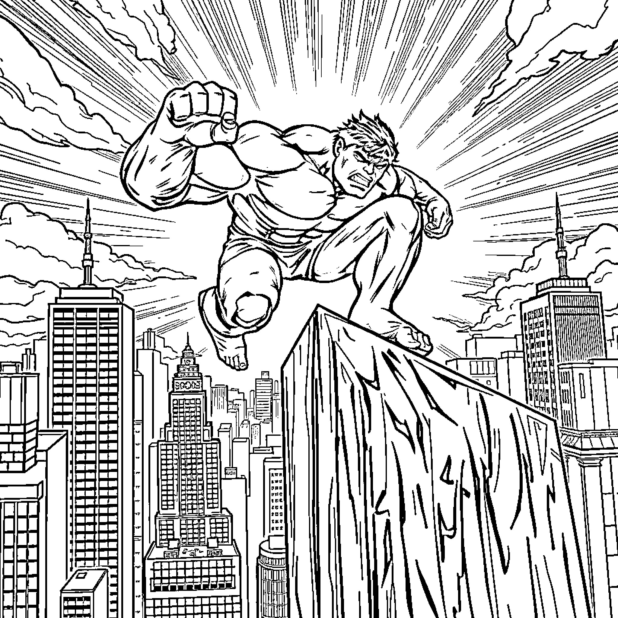 Hulk Smashing Through the City Skyline Coloring Page (free black-and-white line drawing printable PDF for all, from beginners to advanced learners, including children, teens, adults, and seniors)