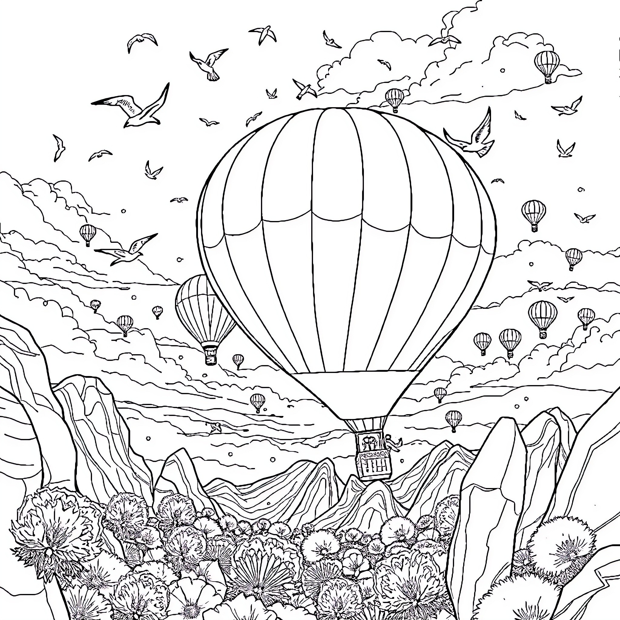 Globos Aerostáticos soaring in the majestic mountain landscape Coloring Page (free black-and-white line drawing printable PDF for all, from beginners to advanced learners, including children, teens, adults, and seniors)