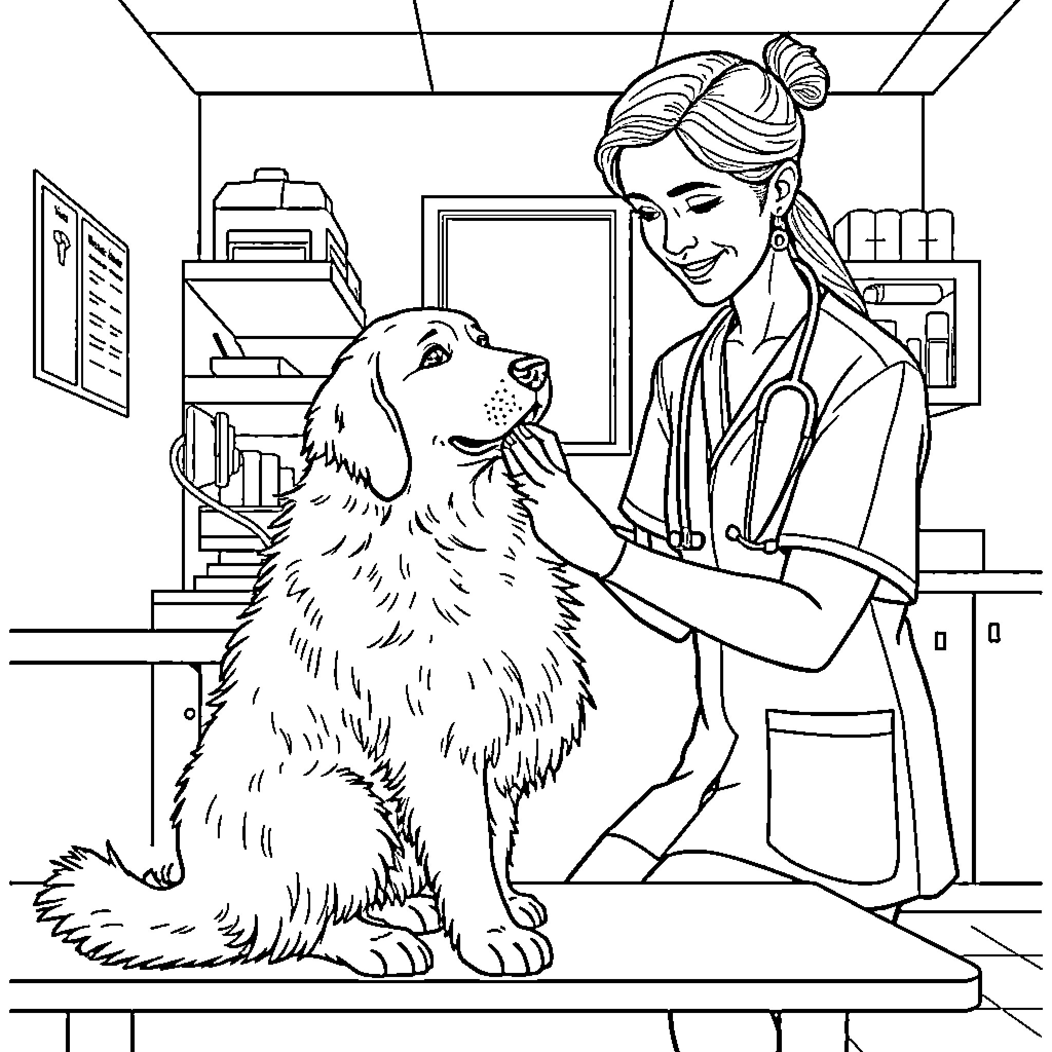 Dog receiving veterinary care in clinic Coloring Page (free black-and-white line drawing printable PDF for all, from beginners to advanced learners, including children, teens, adults, and seniors)