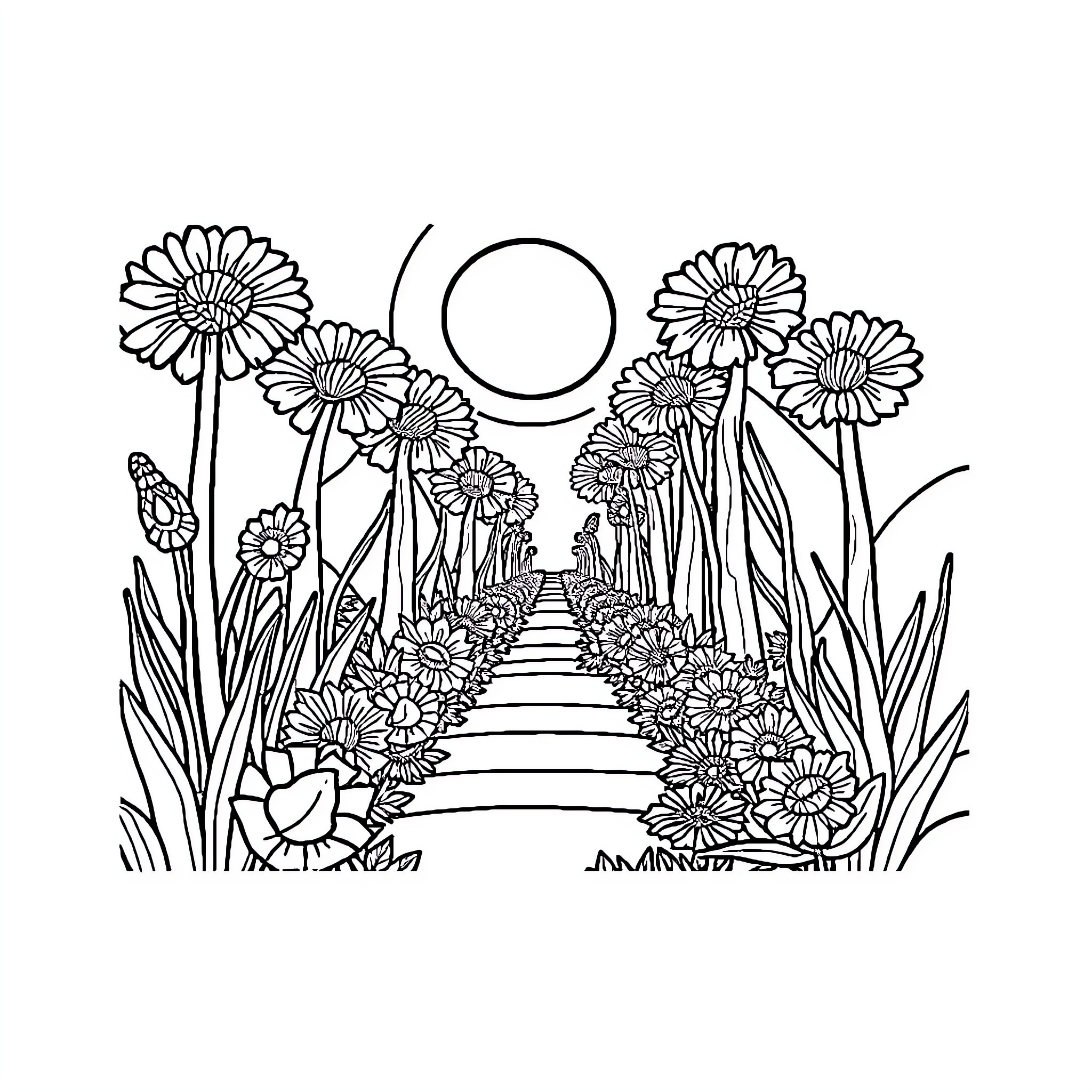 Color By Number Flowery Path Through the Garden Coloring Page (free black-and-white line drawing printable PDF for all, from beginners to advanced learners, including children, teens, adults, and seniors)