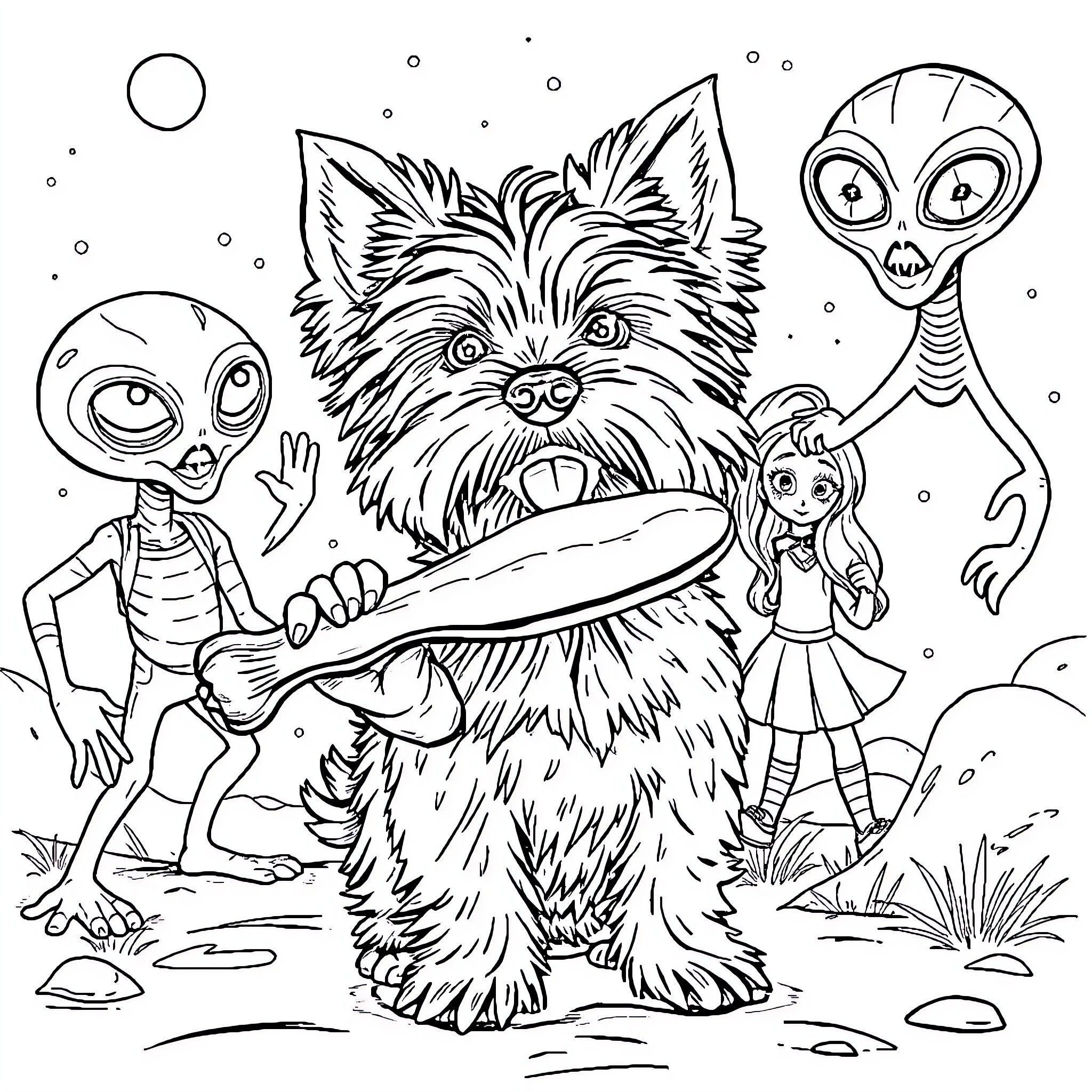 Yorkshire Terrier with Otherworldly Companions Coloring Page (free black-and-white line drawing printable PDF for all, from beginners to advanced learners, including children, teens, adults, and seniors)