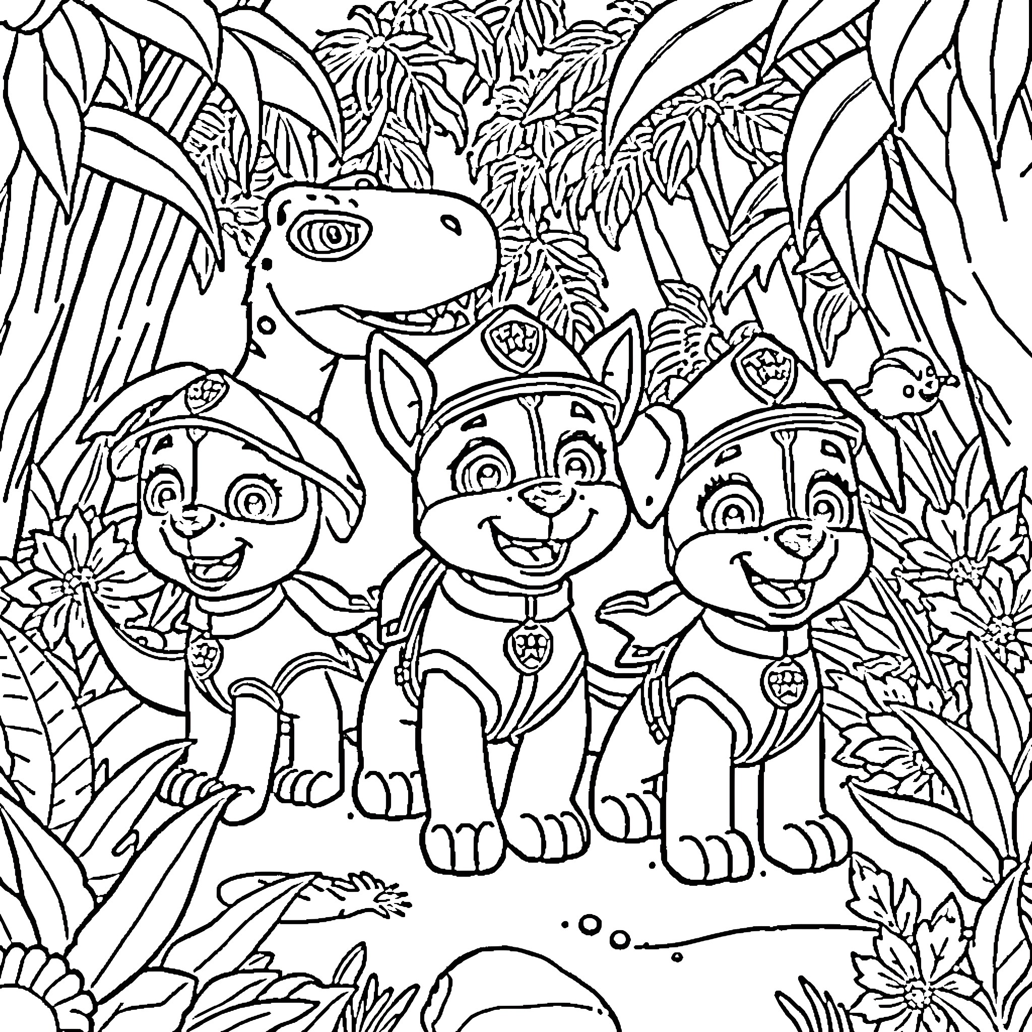 Dinosaur Pups on a Jungle Adventure Coloring Page (free black-and-white line drawing printable PDF for all, from beginners to advanced learners, including children, teens, adults, and seniors)