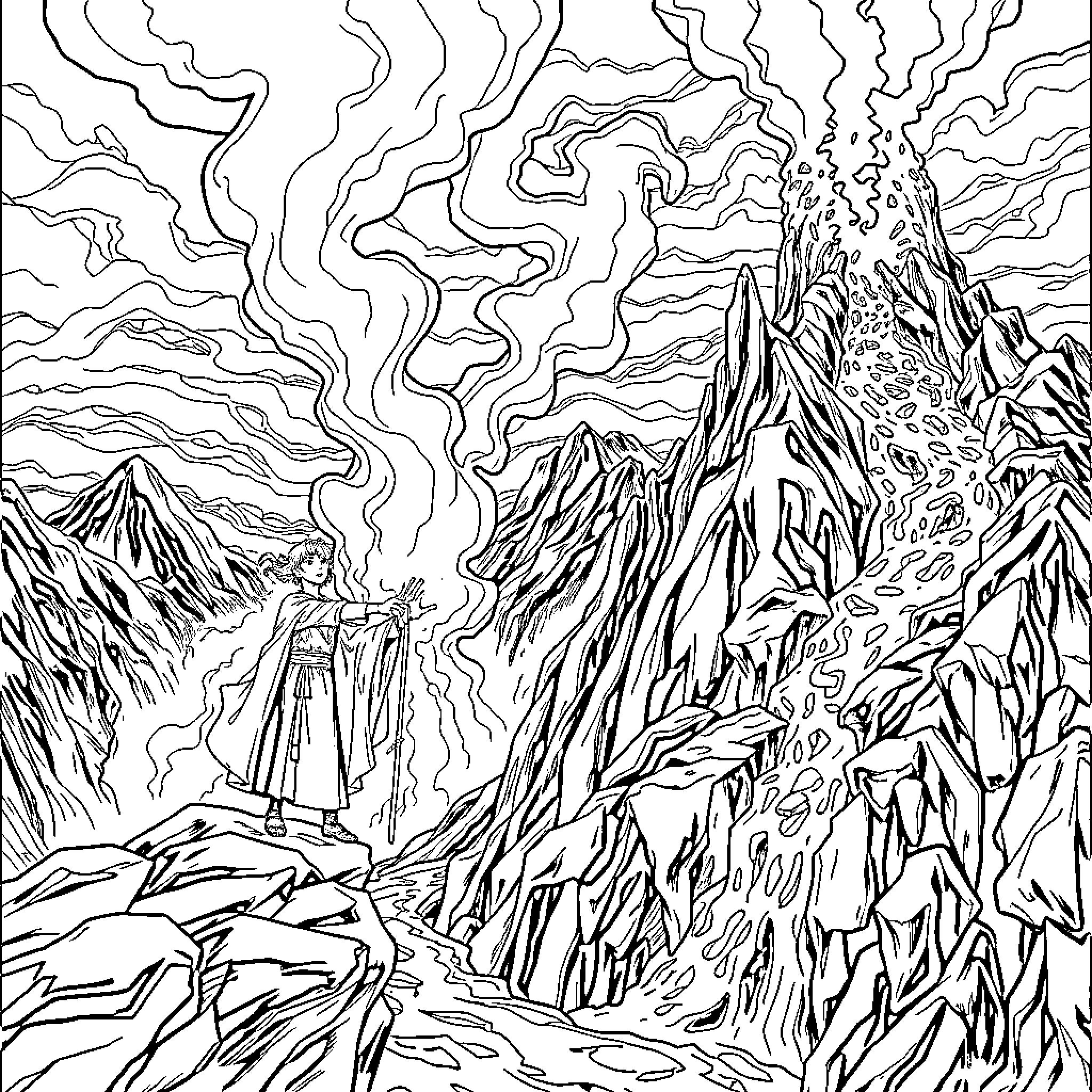 Frodo's Journey through the Rugged Terrain Coloring Page (free black-and-white line drawing printable PDF for all, from beginners to advanced learners, including children, teens, adults, and seniors)