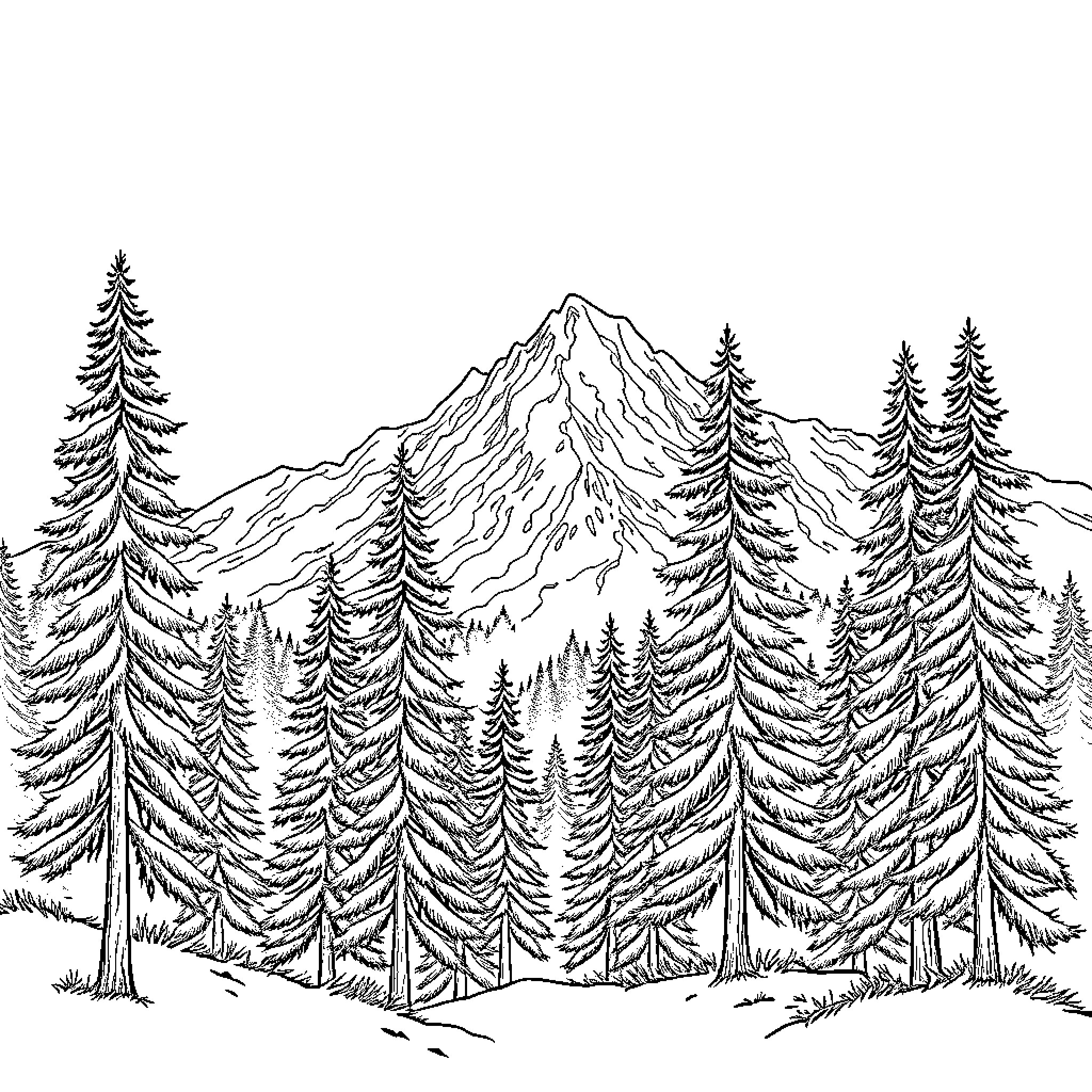 Mountain Landscape with Evergreen Forest and Snowy Peak Coloring Page (free black-and-white line drawing printable PDF for all, from beginners to advanced learners, including children, teens, adults, and seniors)