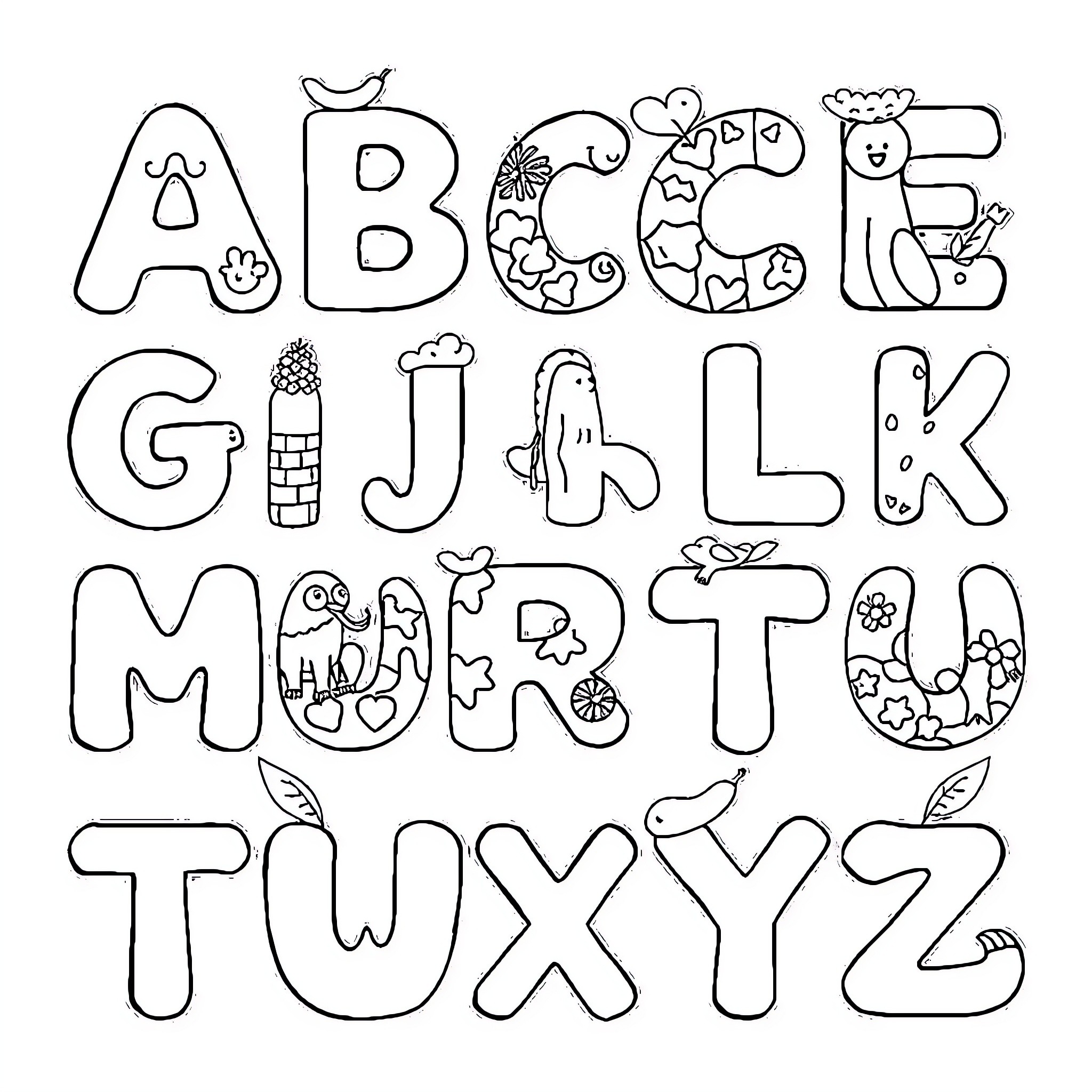 Alphabet Letters with Fun Doodle Designs Coloring Page (free black-and-white line drawing printable PDF for all, from beginners to advanced learners, including children, teens, adults, and seniors)