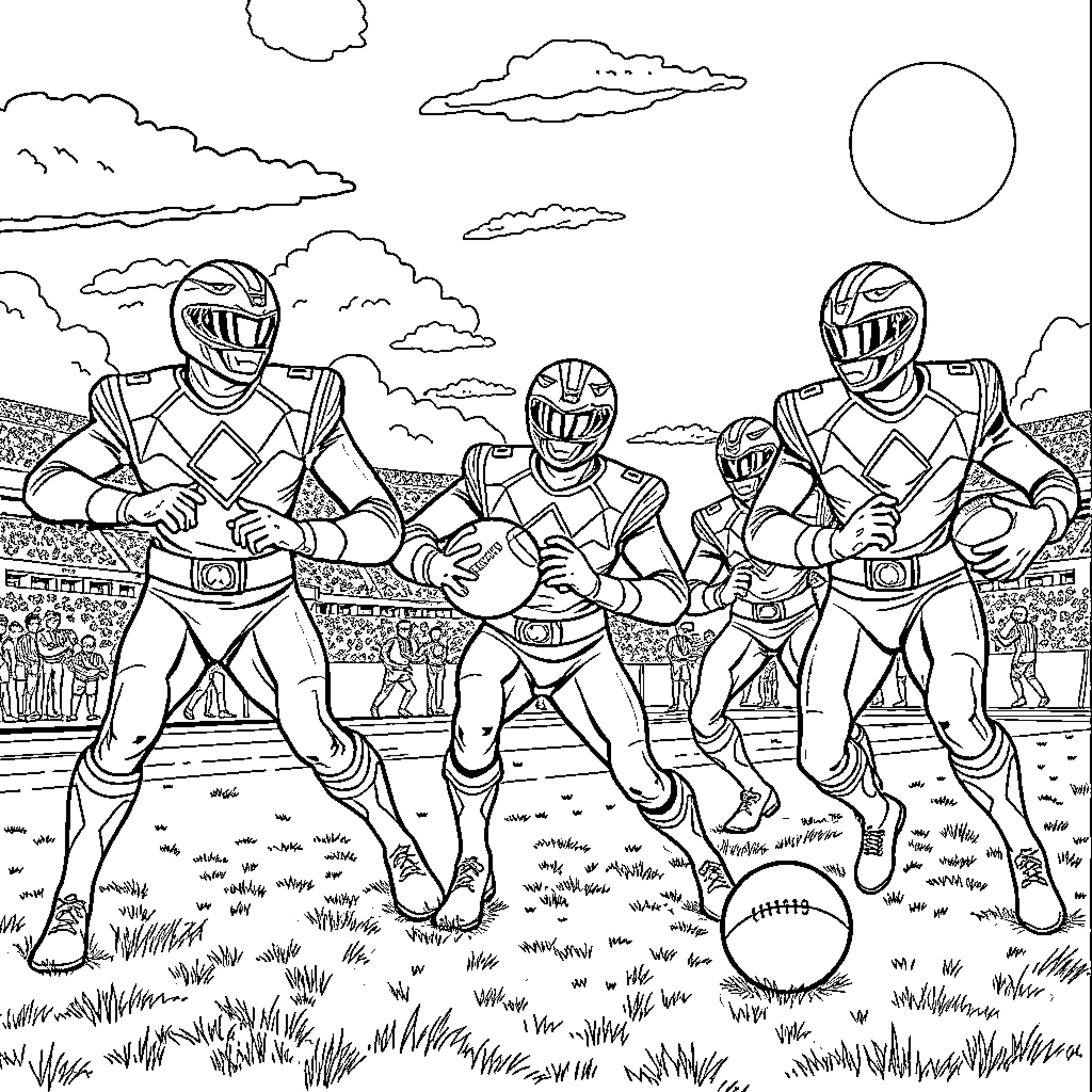 Power Rangers in Action on the Field Coloring Page (free black-and-white line drawing printable PDF for all, from beginners to advanced learners, including children, teens, adults, and seniors)