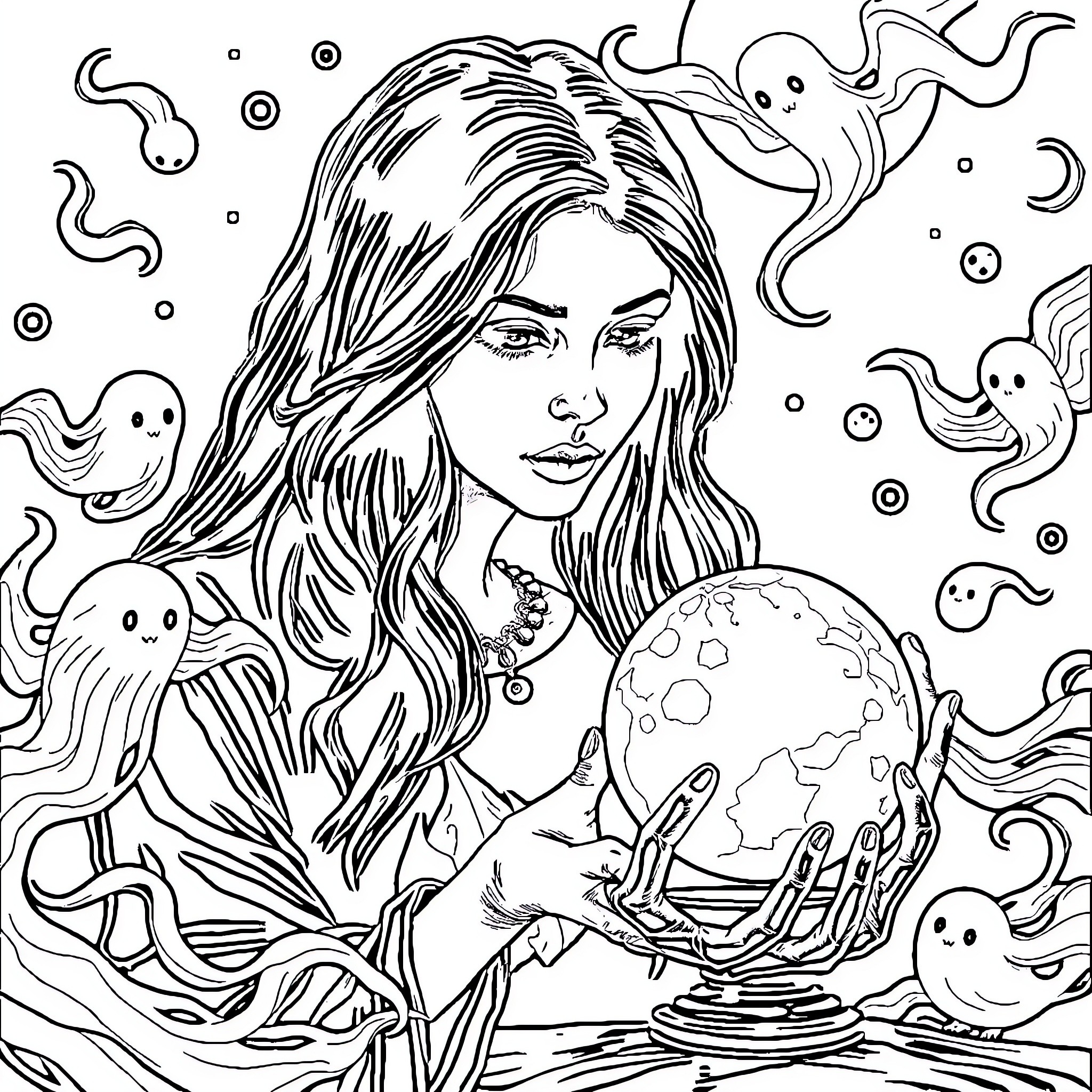 Woman with mysterious celestial orb surrounded by ethereal creatures Coloring Page (free black-and-white line drawing printable PDF for all, from beginners to advanced learners, including children, teens, adults, and seniors)