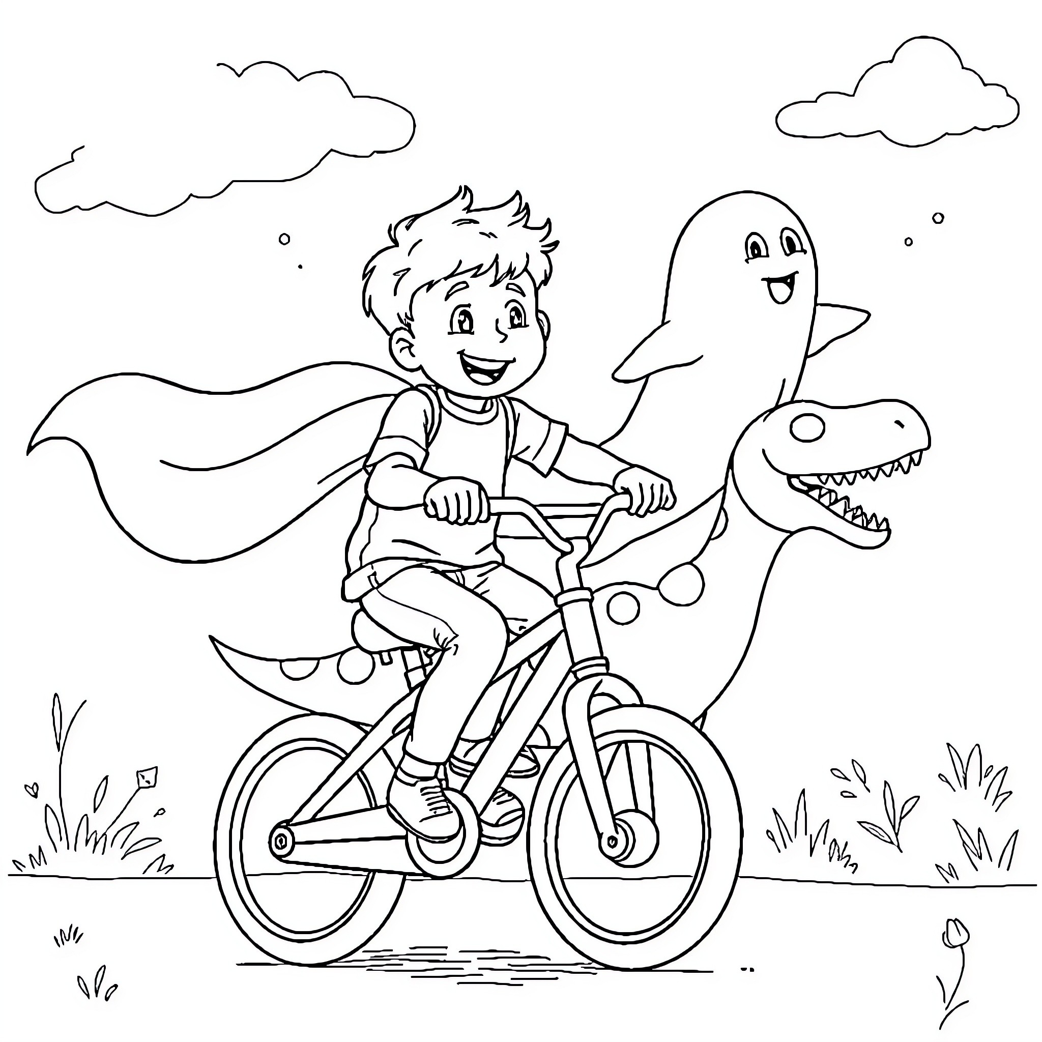 Boy rides bicycle with friendly dinosaur companion Coloring Page (free black-and-white line drawing printable PDF for all, from beginners to advanced learners, including children, teens, adults, and seniors)