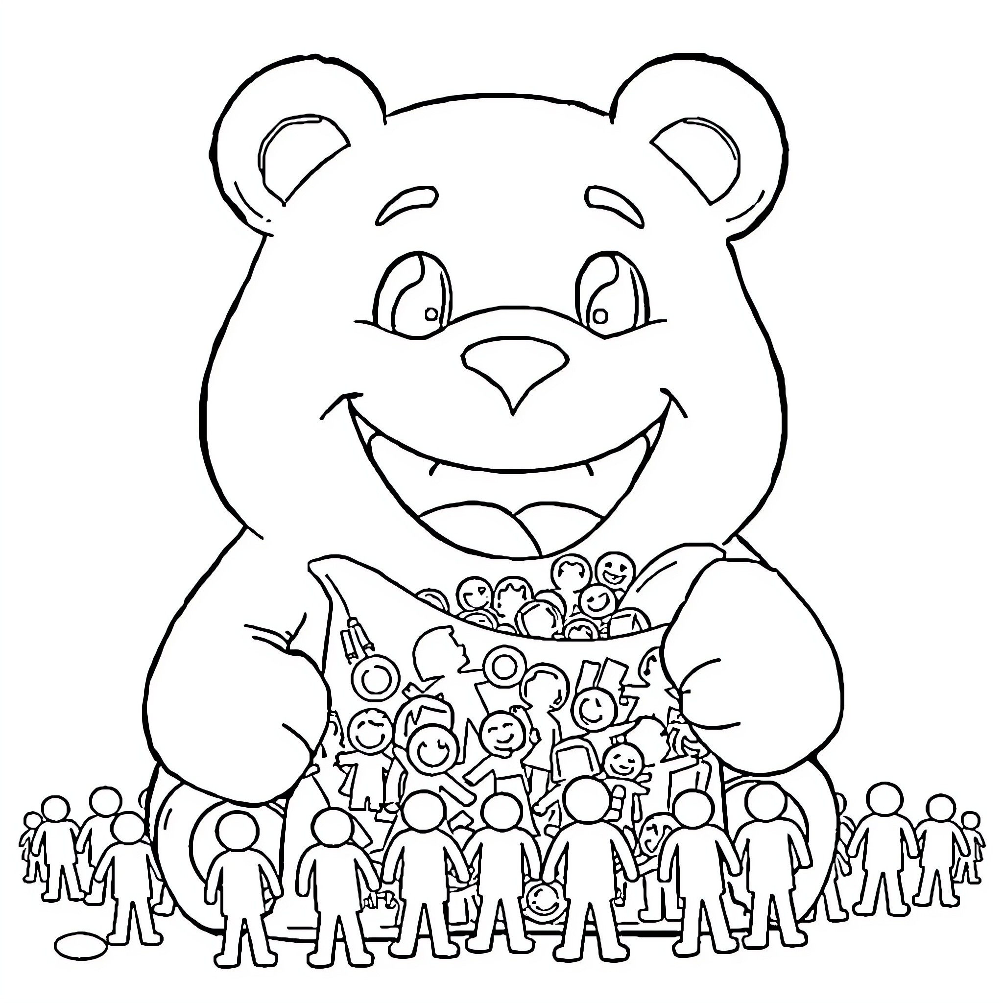 Gummy Bear Surrounded by Cheerful Crowd Coloring Page (free black-and-white line drawing printable PDF for all, from beginners to advanced learners, including children, teens, adults, and seniors)