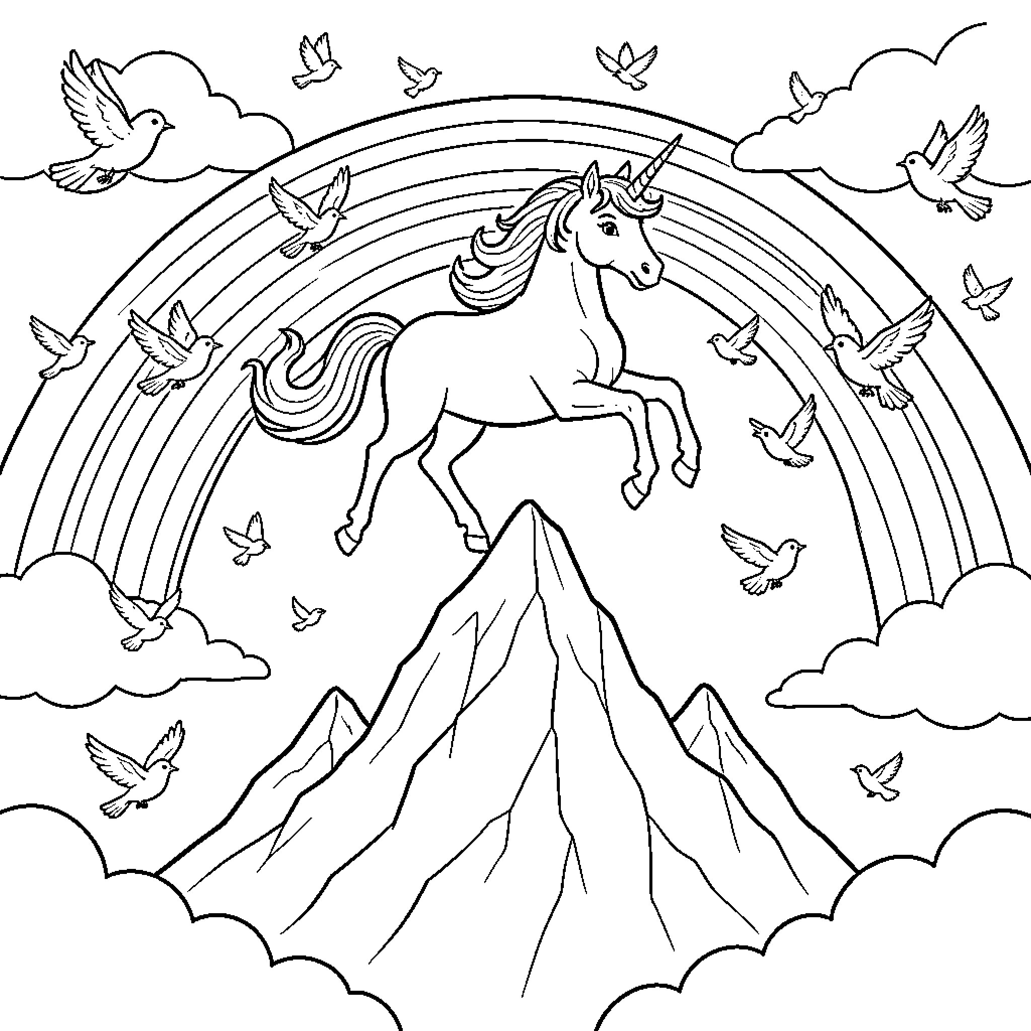 Unicorn leaping joyfully over mountains and a rainbow Coloring Page (free black-and-white line drawing printable PDF for all, from beginners to advanced learners, including children, teens, adults, and seniors)