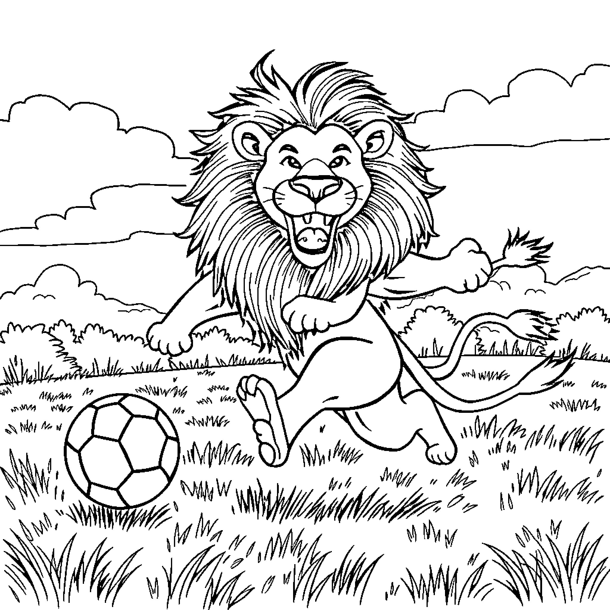 Lion Playing Happily with Soccer Ball in the Meadow Coloring Page (free black-and-white line drawing printable PDF for all, from beginners to advanced learners, including children, teens, adults, and seniors)