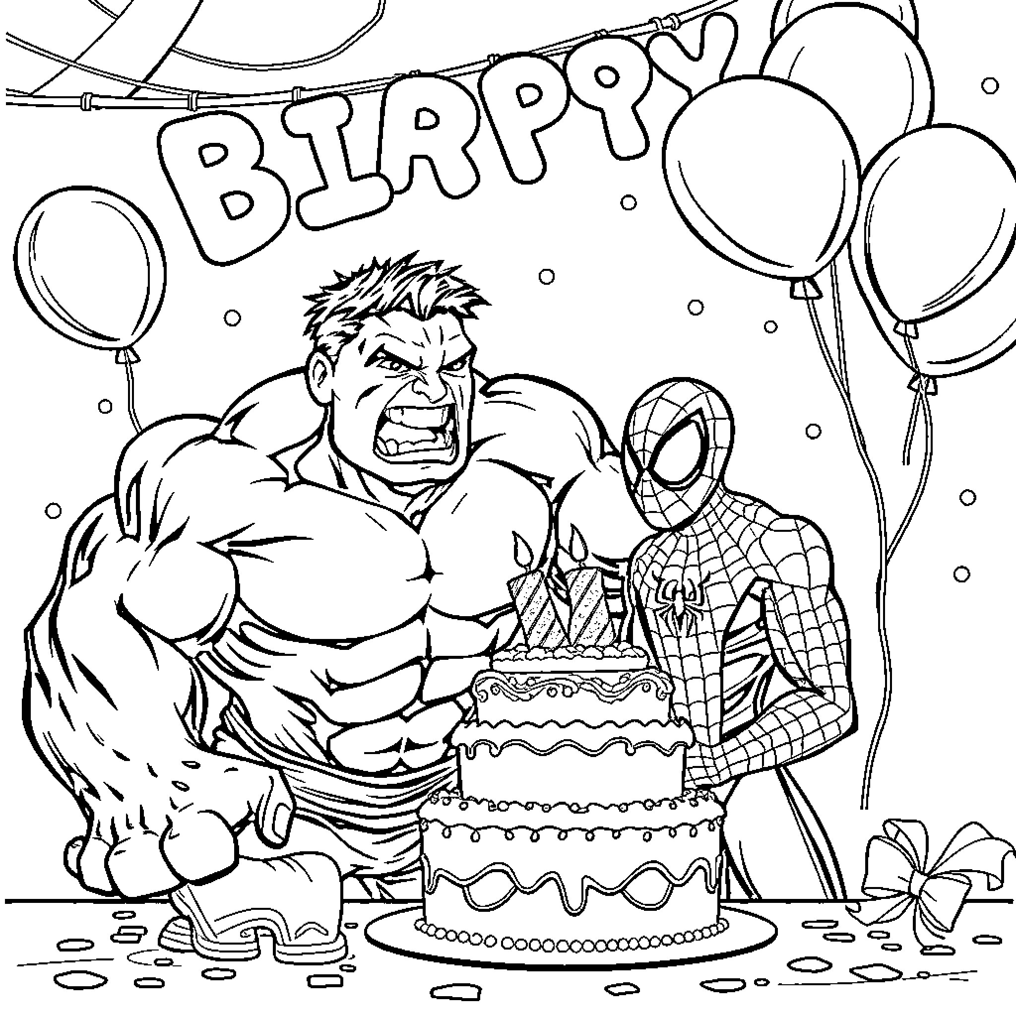 Hulk and Spider-Man celebrating with a birthday cake Coloring Page (free black-and-white line drawing printable PDF for all, from beginners to advanced learners, including children, teens, adults, and seniors)