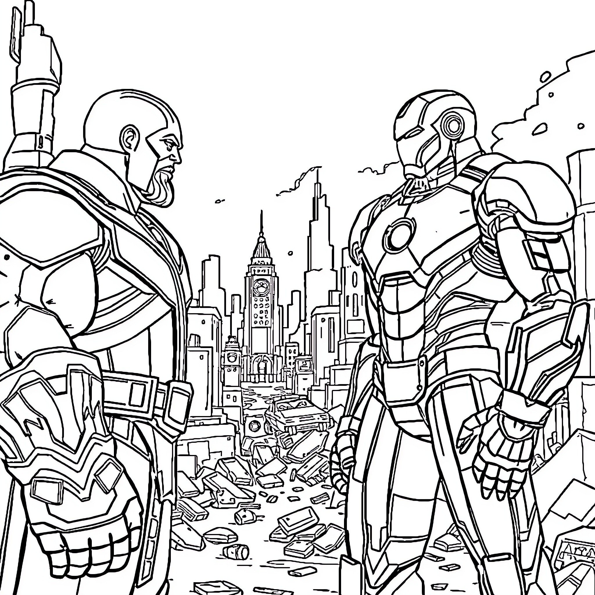 Thanos and Iron Man confront each other in a destroyed city Coloring Page (free black-and-white line drawing printable PDF for all, from beginners to advanced learners, including children, teens, adults, and seniors)