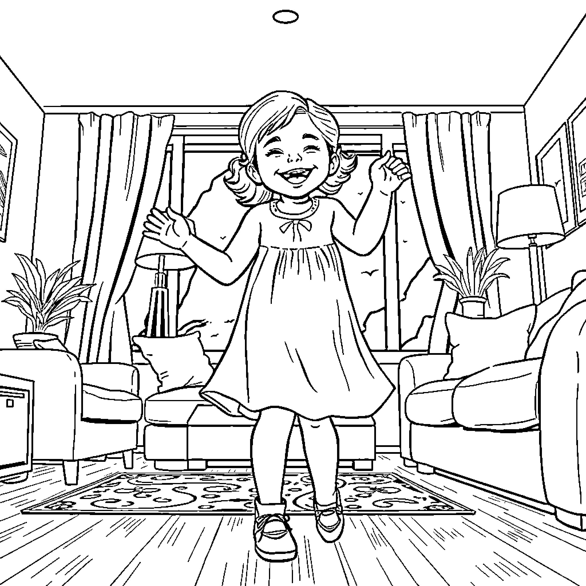 Daughter joyfully dancing in a cozy home Coloring Page (free black-and-white line drawing printable PDF for all, from beginners to advanced learners, including children, teens, adults, and seniors)
