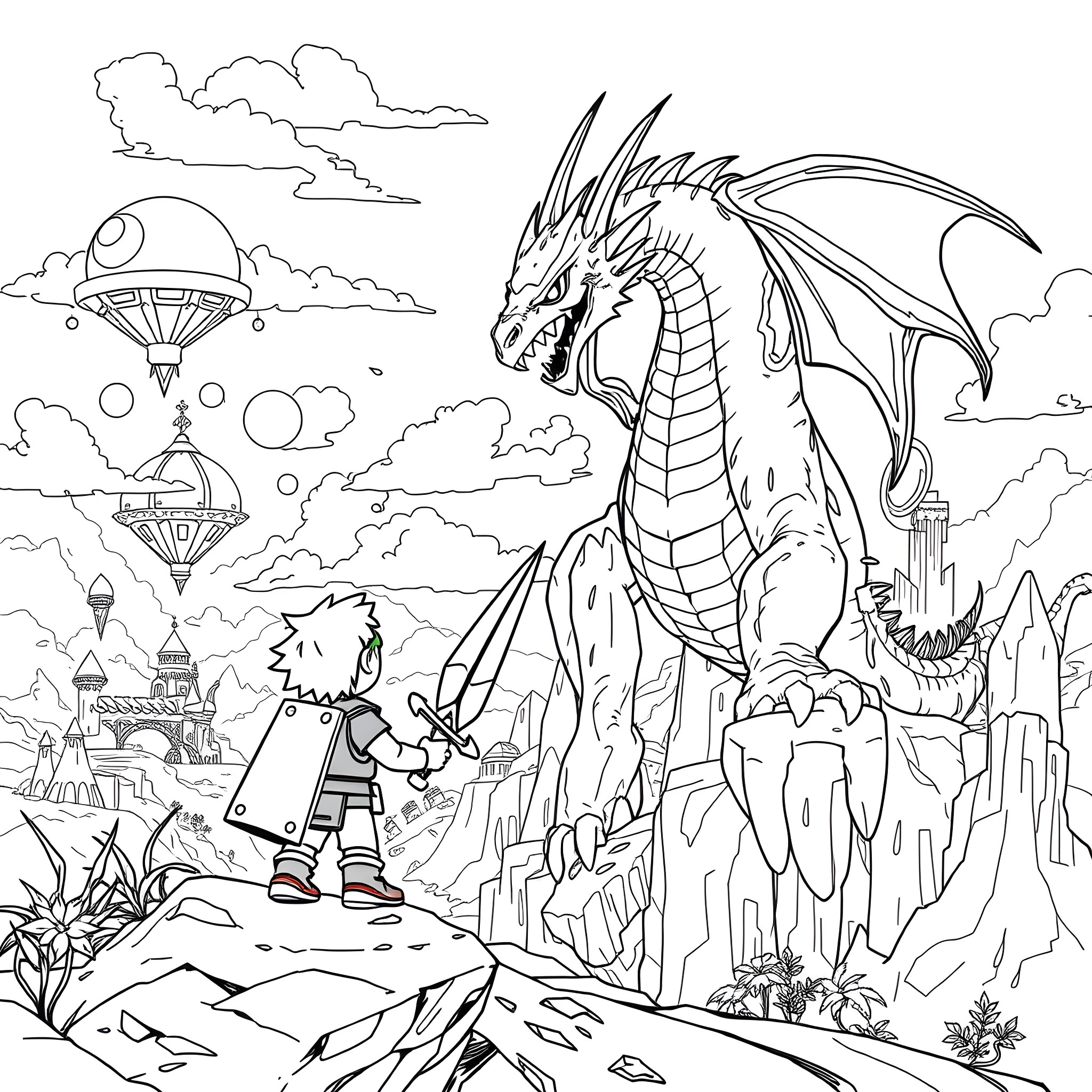 Steve's Fantastical Adventure with a Mighty Dragon Coloring Page (free black-and-white line drawing printable PDF for all, from beginners to advanced learners, including children, teens, adults, and seniors)