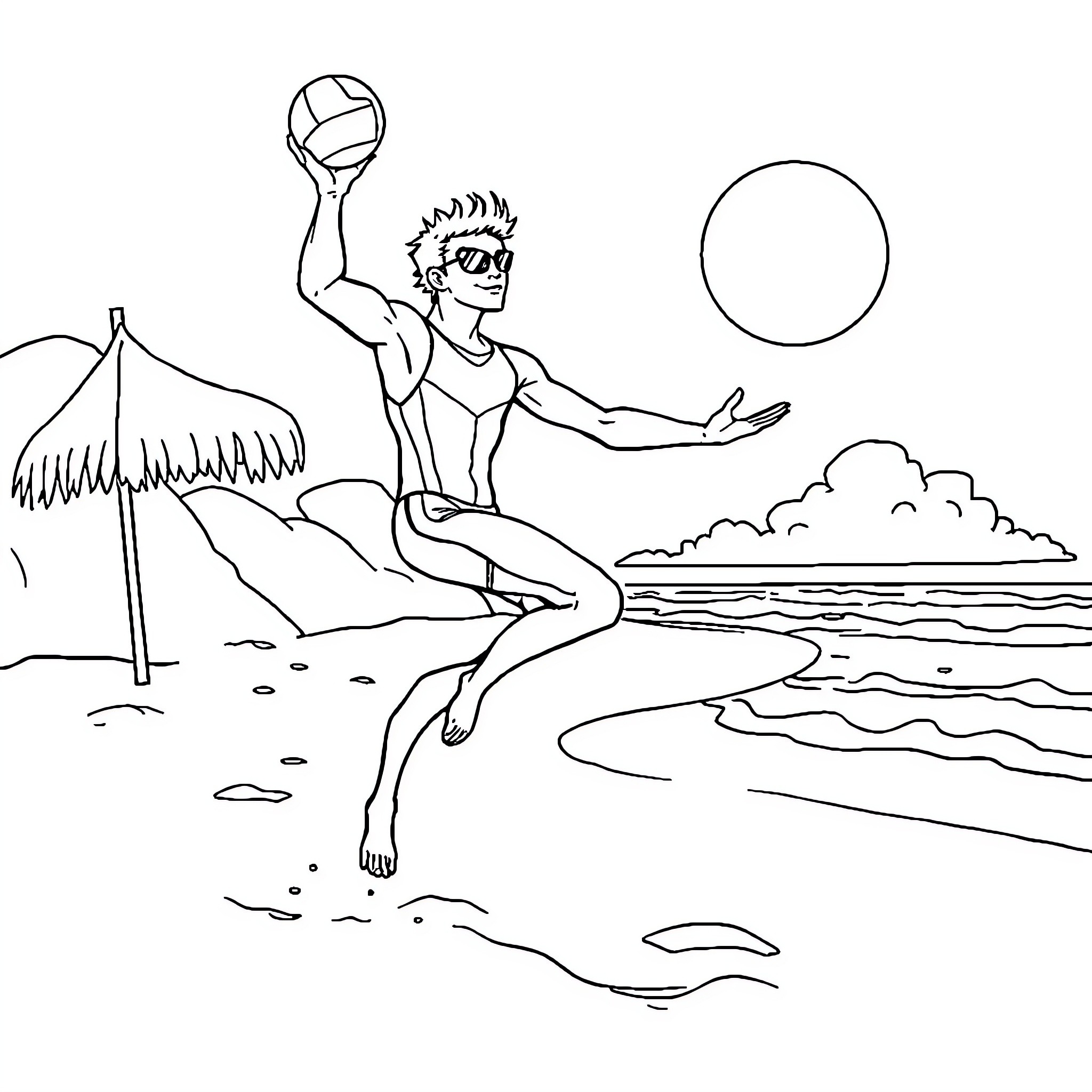 Nightwing playing volleyball on the beach Coloring Page (free black-and-white line drawing printable PDF for all, from beginners to advanced learners, including children, teens, adults, and seniors)