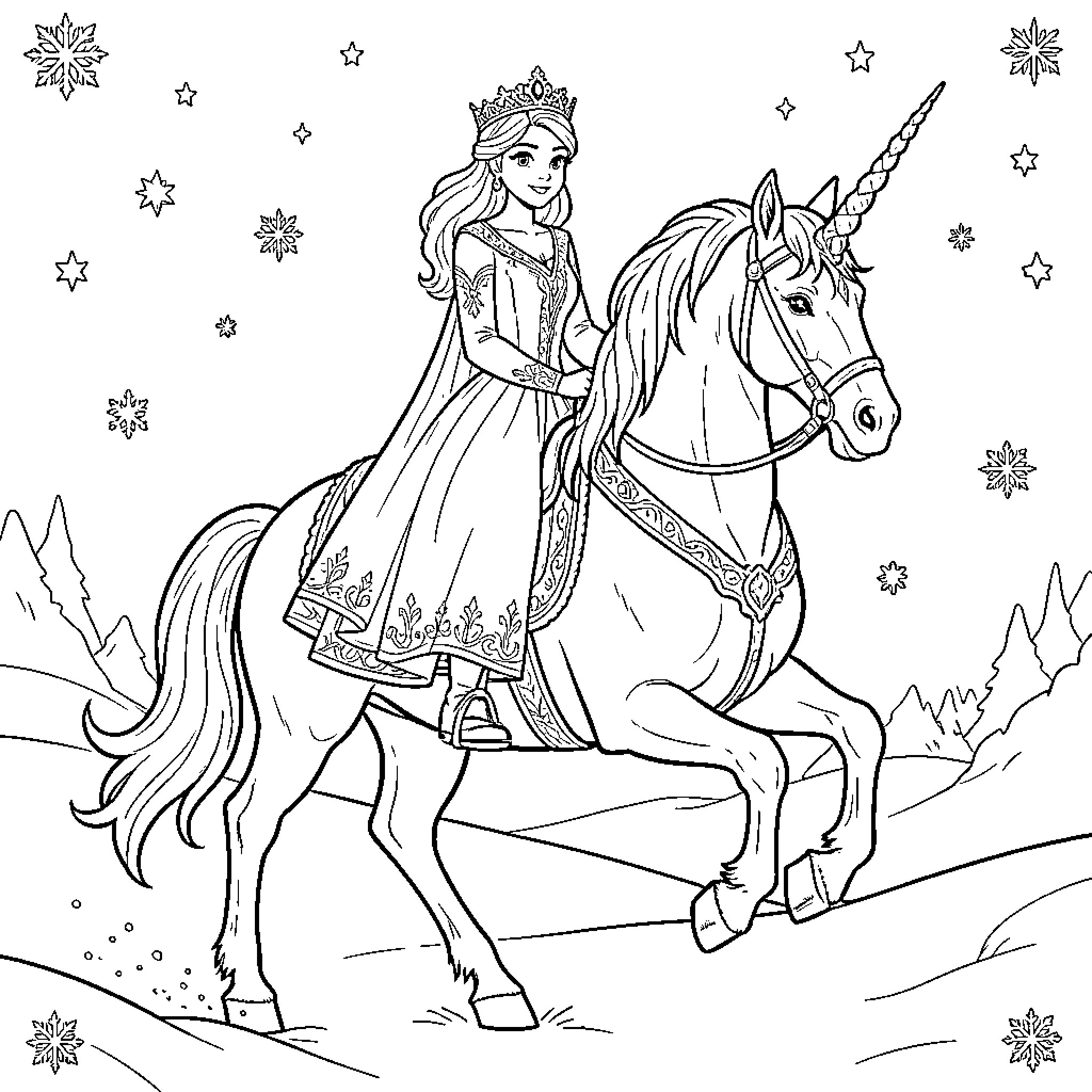 Queen riding a majestic unicorn in a winter wonderland Coloring Page (free black-and-white line drawing printable PDF for all, from beginners to advanced learners, including children, teens, adults, and seniors)