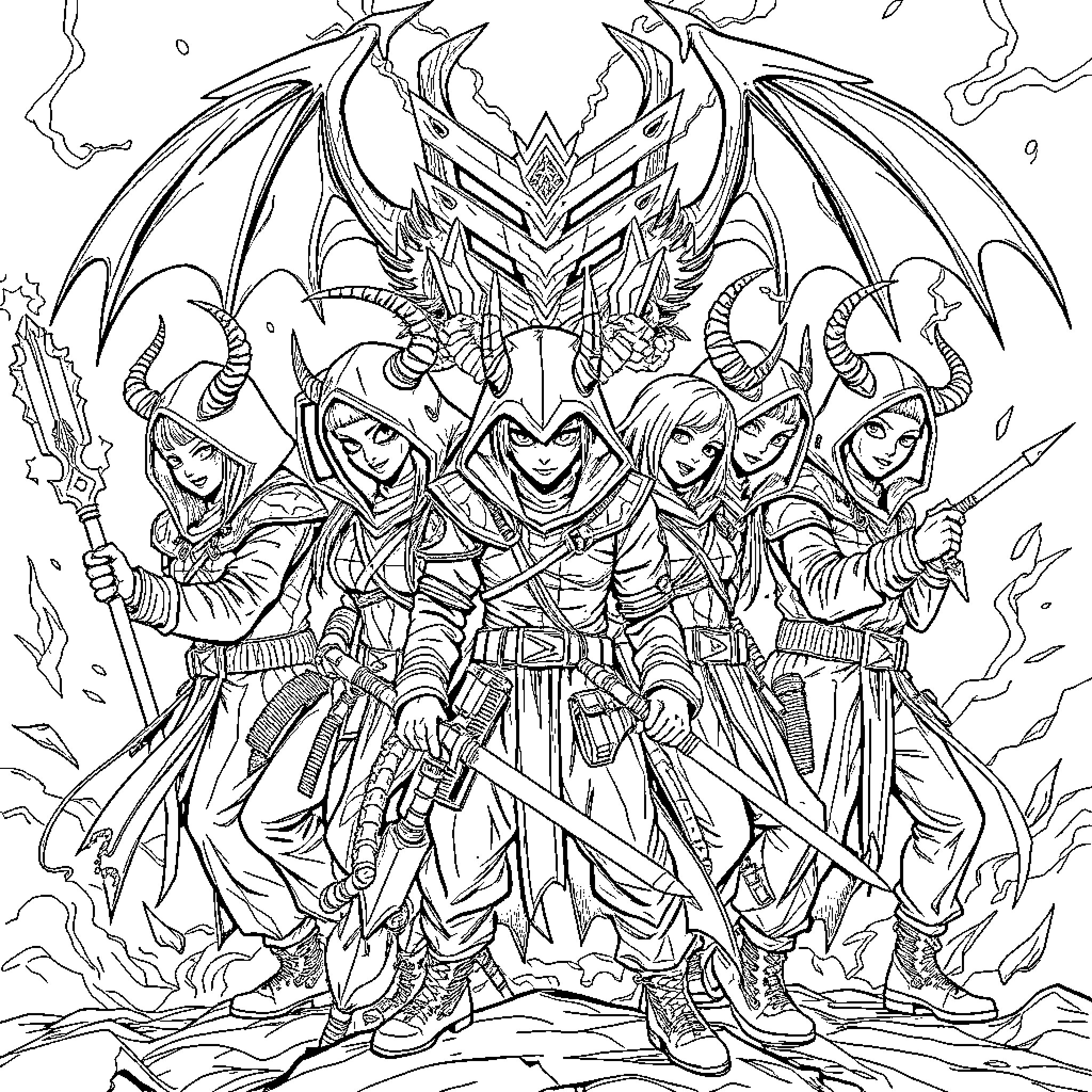 Demon Hunter Warriors Facing a Mighty Foe Coloring Page (free black-and-white line drawing printable PDF for all, from beginners to advanced learners, including children, teens, adults, and seniors)